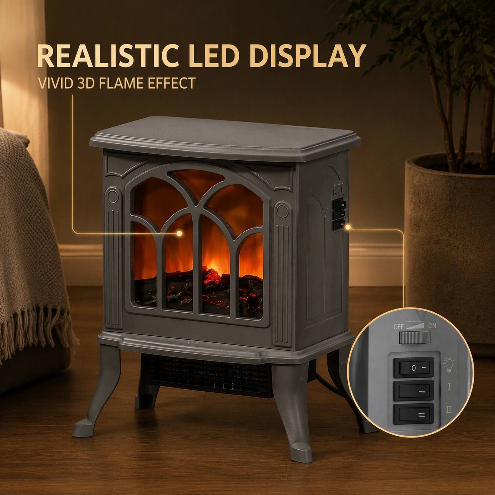 REALISTIC LED DISPLAY  
VIVID 3D FLAME EFFECT  

OFF  
ON  
0  
-  
-  
I  
=