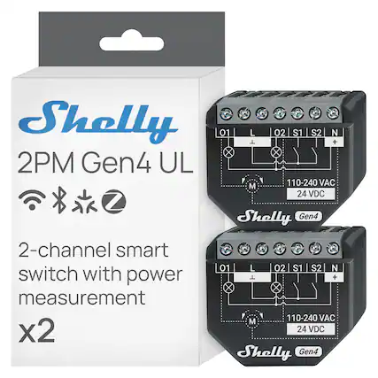 Shelly 2PM Gen4 UL
2-channel smart switch with power measurement x2
01 L 02 S1 S2 N
110-240 VAC 24 VDC
Shelly Gen4