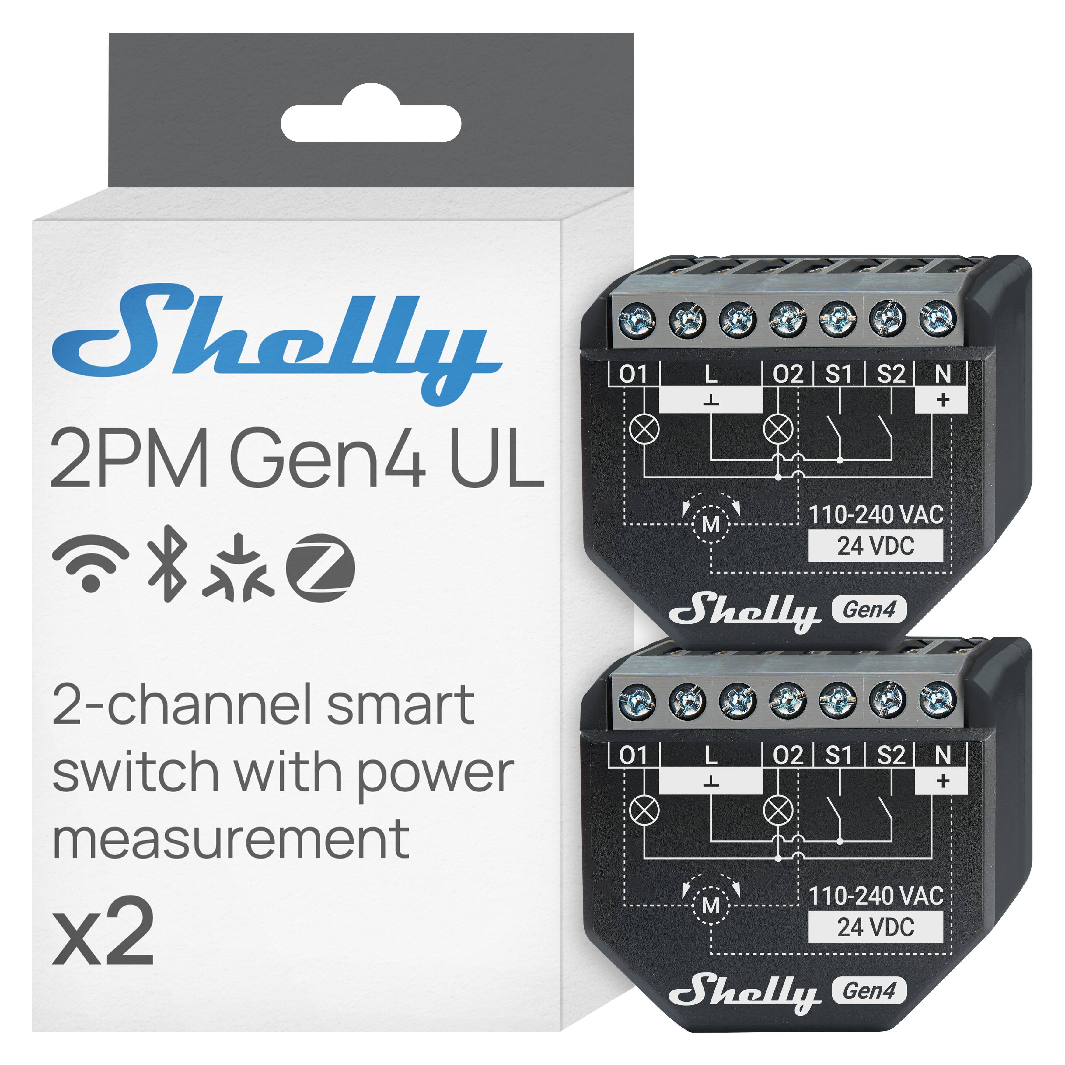 Shelly 2PM Gen4 UL  
2-channel smart switch with power measurement x2  
01 L 02 S1 S2 N  
110-240 VAC 24 VDC  
Shelly Gen4