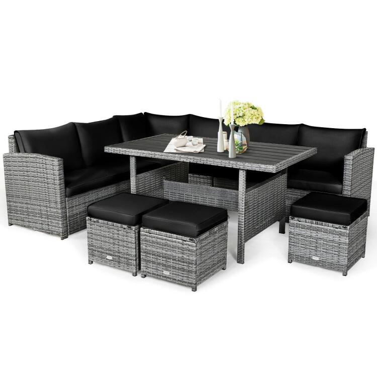 Alt View 1. Mondawe - 7-Piece Sectional Rattan Sofa Set w/ Ottomans & Table, Outdoor Patio Conversation Set with Cushions - Black.