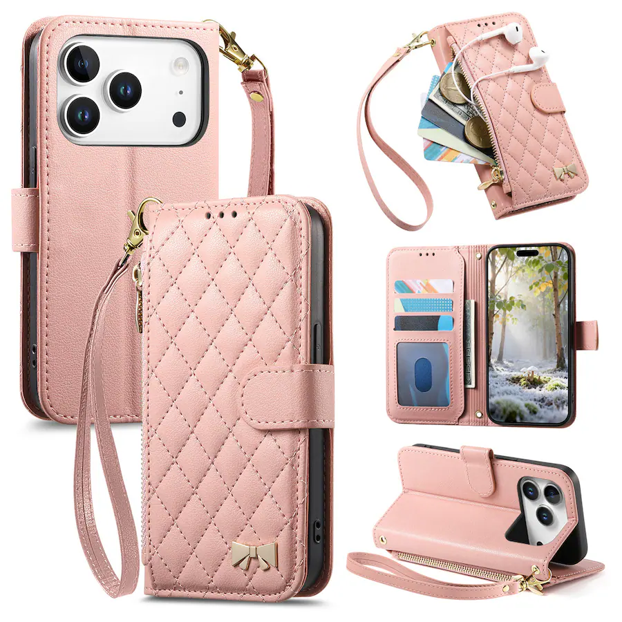 Pink Pro Color Dteck Zipper Wallet Case for Apple iPhone 17 Pro Max,PU Leather Flip ...