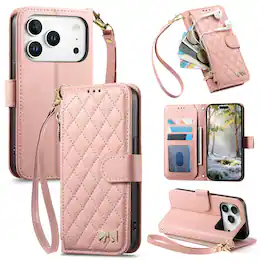 Dteck - Zipper Wallet Case for Apple iPhone 17 Pro Max,PU Leather Flip Cover with Wrist Strap,Magnetic Snap Shockproof Case - Pink