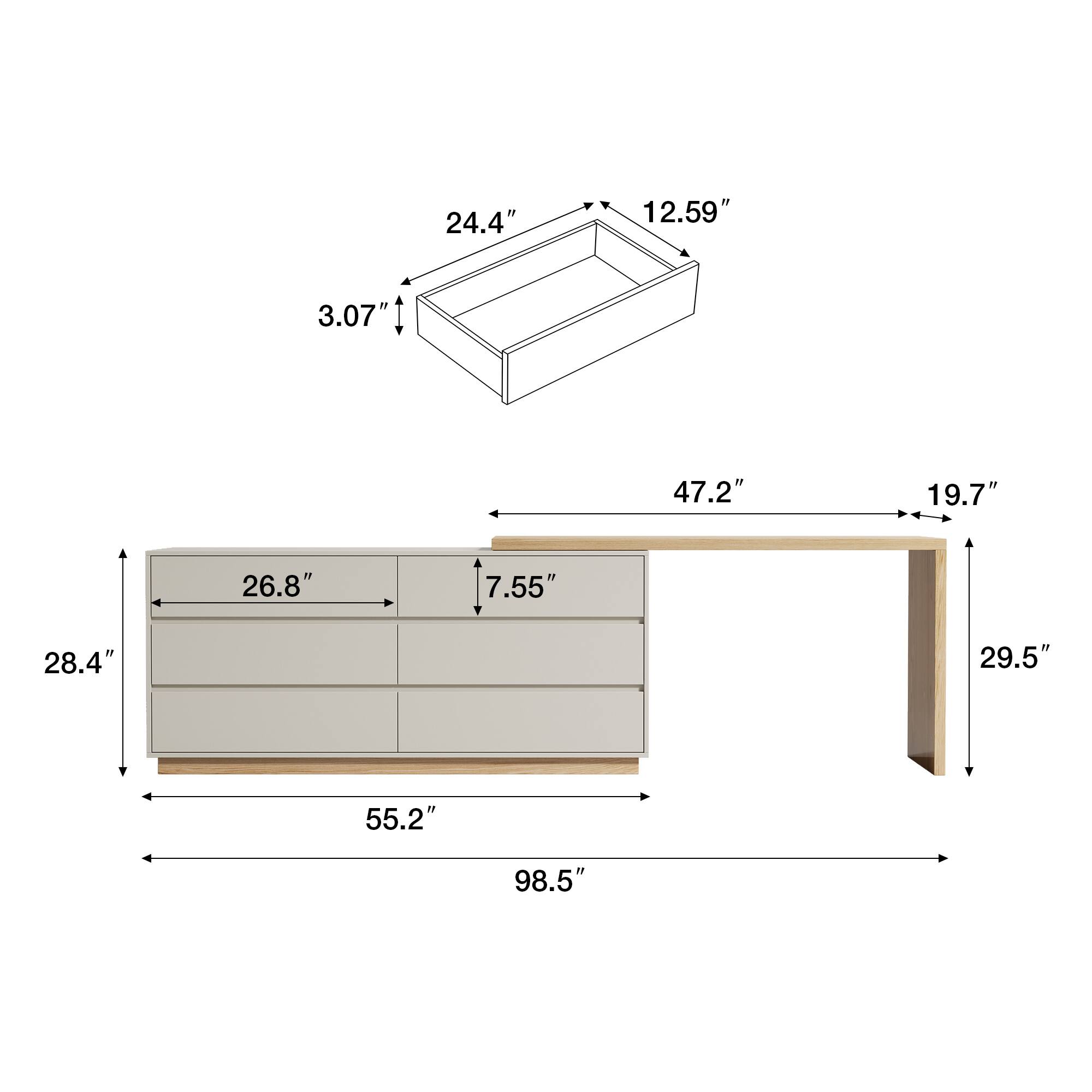 Here is the corrected and grouped text from the image:

- **Top Section:**
  - 24.4"
  - 12.59"
  - 3.07"

- **Middle Section:**
  - 47.2"
  - 19.7"
  - 26.8"
  - 7.55"

- **Bottom Section:**
  - 28.4"
  - 55.2"
  - 29.5"
  - 98.5"