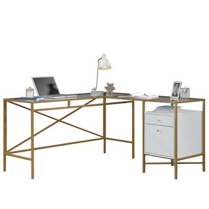 Front. Glintex - L-Shaped Computer Desk – Modern Glass Top,Drawers + Open Shelf, Spacious Workstation Design for Home Office or Study - White.