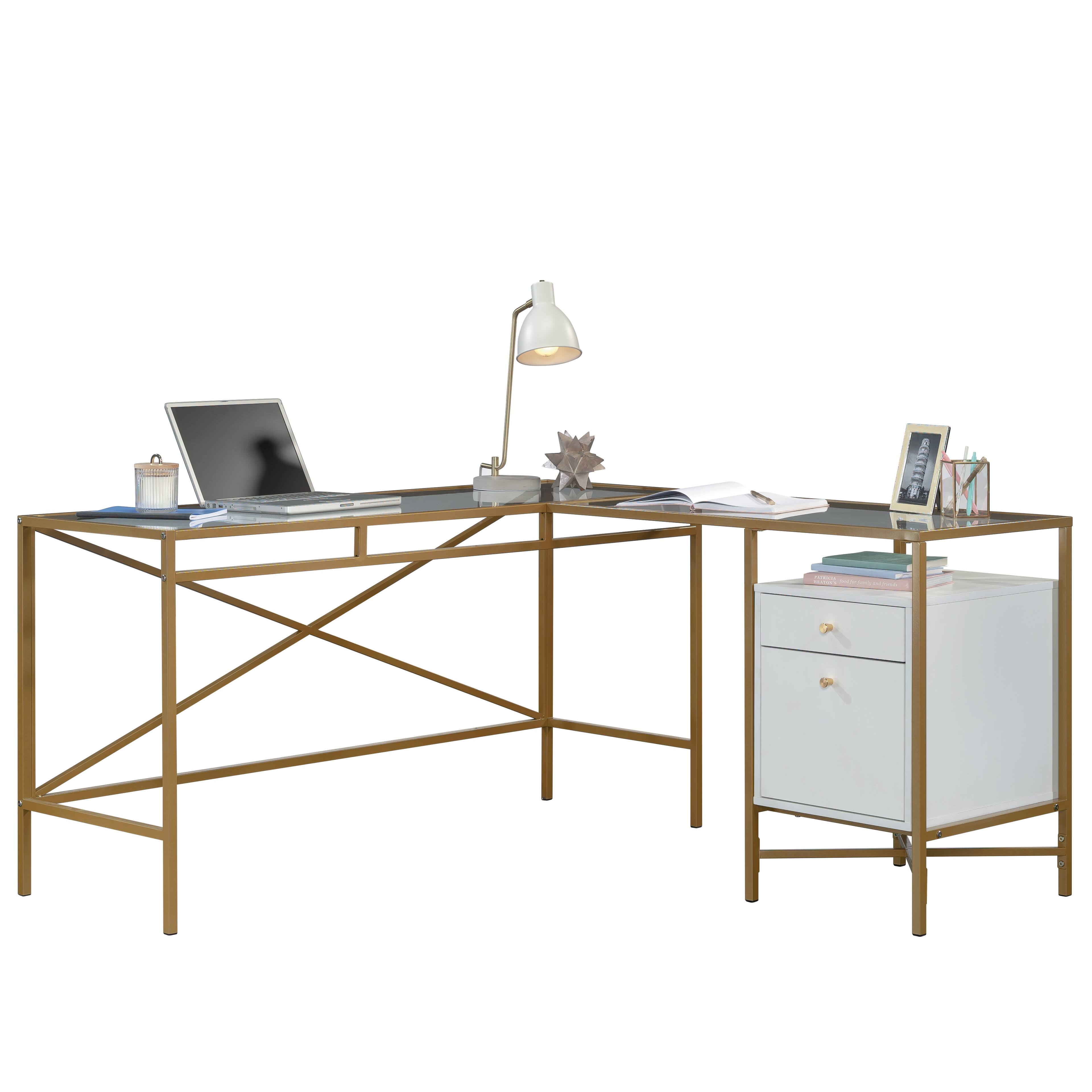 Front. Glintex - L-Shaped Computer Desk – Modern Glass Top，Drawers + Open Shelf, Spacious Workstation Design for Home Office or Study - White.