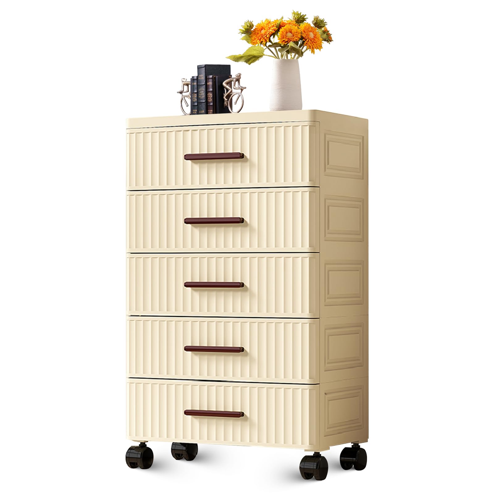 Front. Babevy - Plastic Chest of Drawers 4 Tiers, Pull Out Storage Bins With Wheels Vertical Storage Unit for Bedroom Closet Office - Brown.