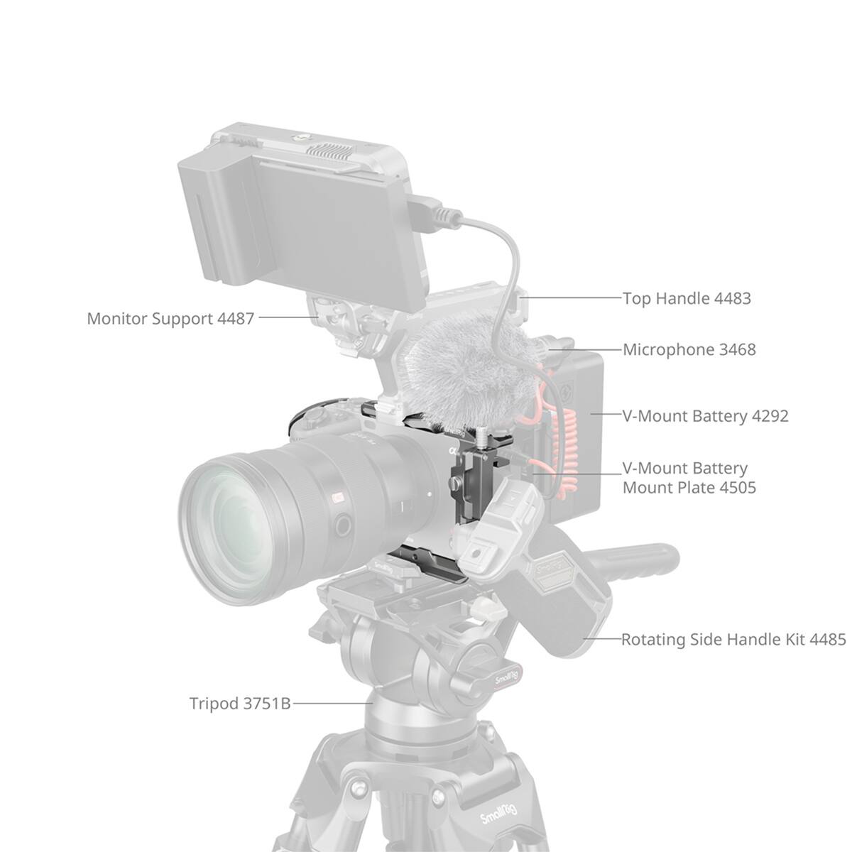 Monitor Support 4487  
Top Handle 4483  
Microphone 3468  
V-Mount Battery 4292  
V-Mount Battery Mount Plate 4505  
Rotating Side Handle Kit 4485  
Tripod 3751B