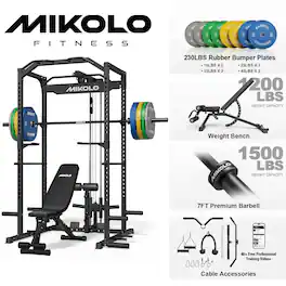Mikolo - Multi-Functional Squat Rack with LAT Pulldown System Exercise Power Cages,Metal - Black