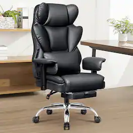 KERDOM - Ergonomic Large Executive PU Leather Office Chair with Lifting Arms Footrest & Lumbar Pillow, Wide Seat for Home Office - Black