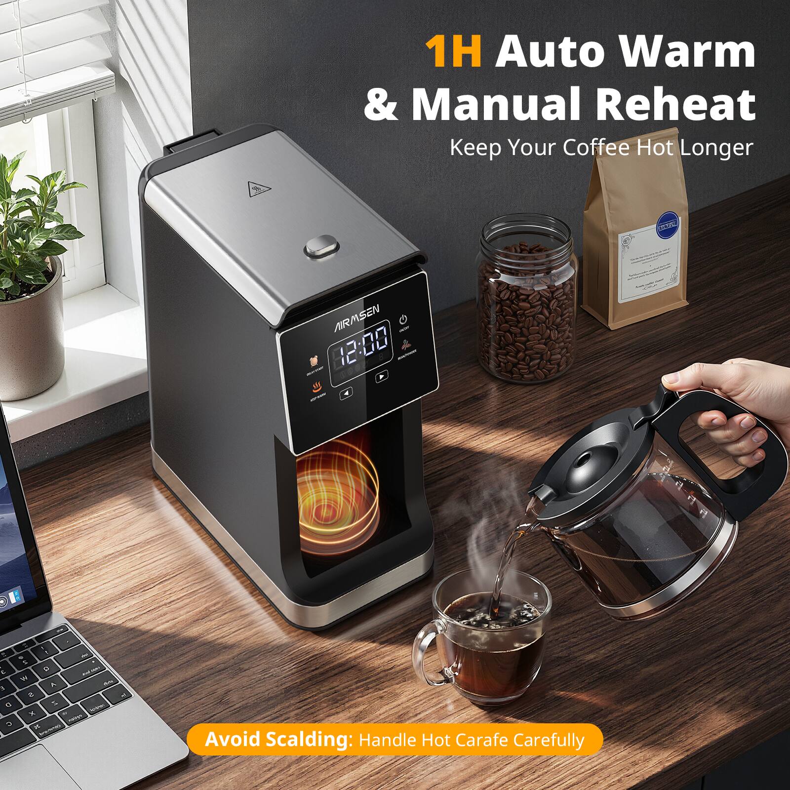 1H Auto Warm & Manual Reheat  
Keep Your Coffee Hot Longer  

Avoid Scalding: Handle Hot Carafe Carefully
