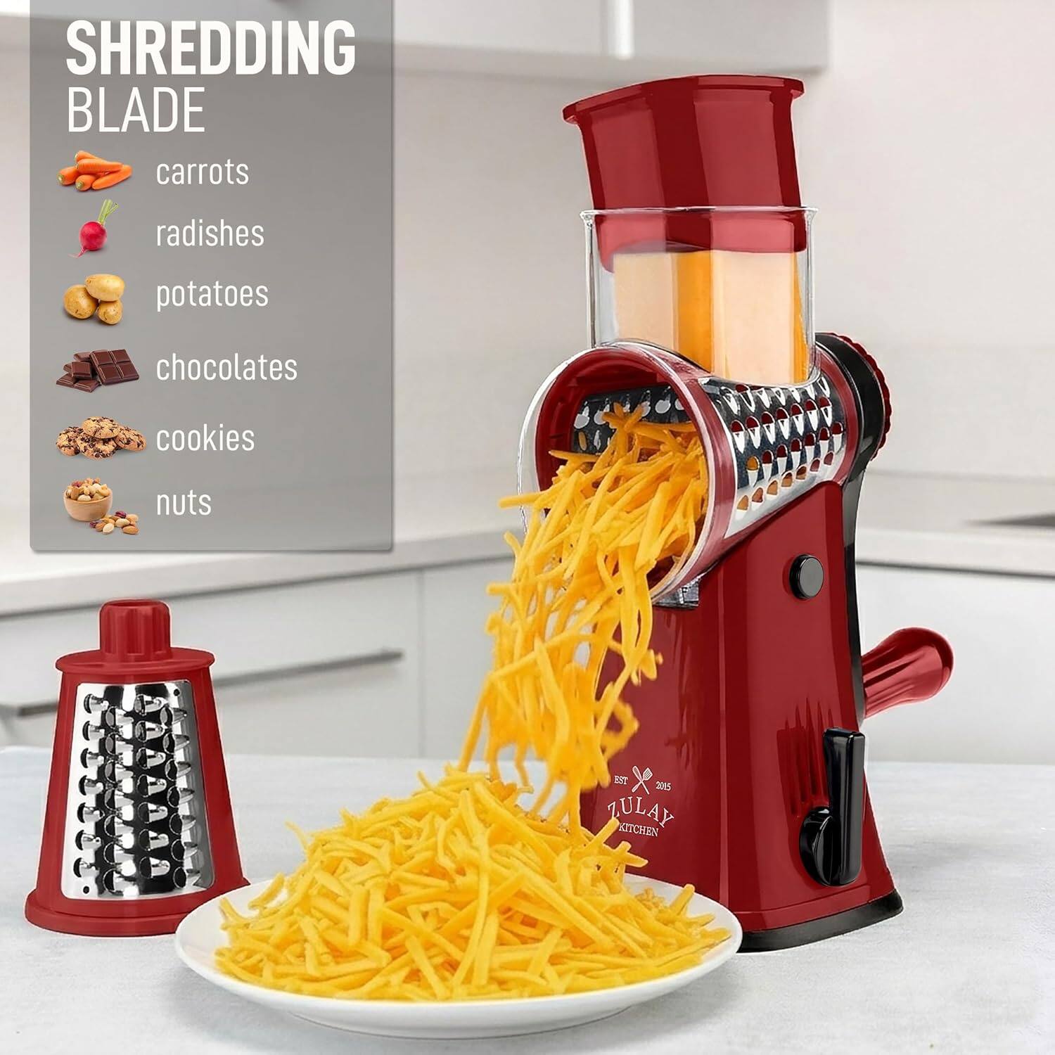 SHREDDING BLADE

- carrots
- radishes
- potatoes
- chocolates
- cookies
- nuts

EST x 30

ZULAY KITCHEN