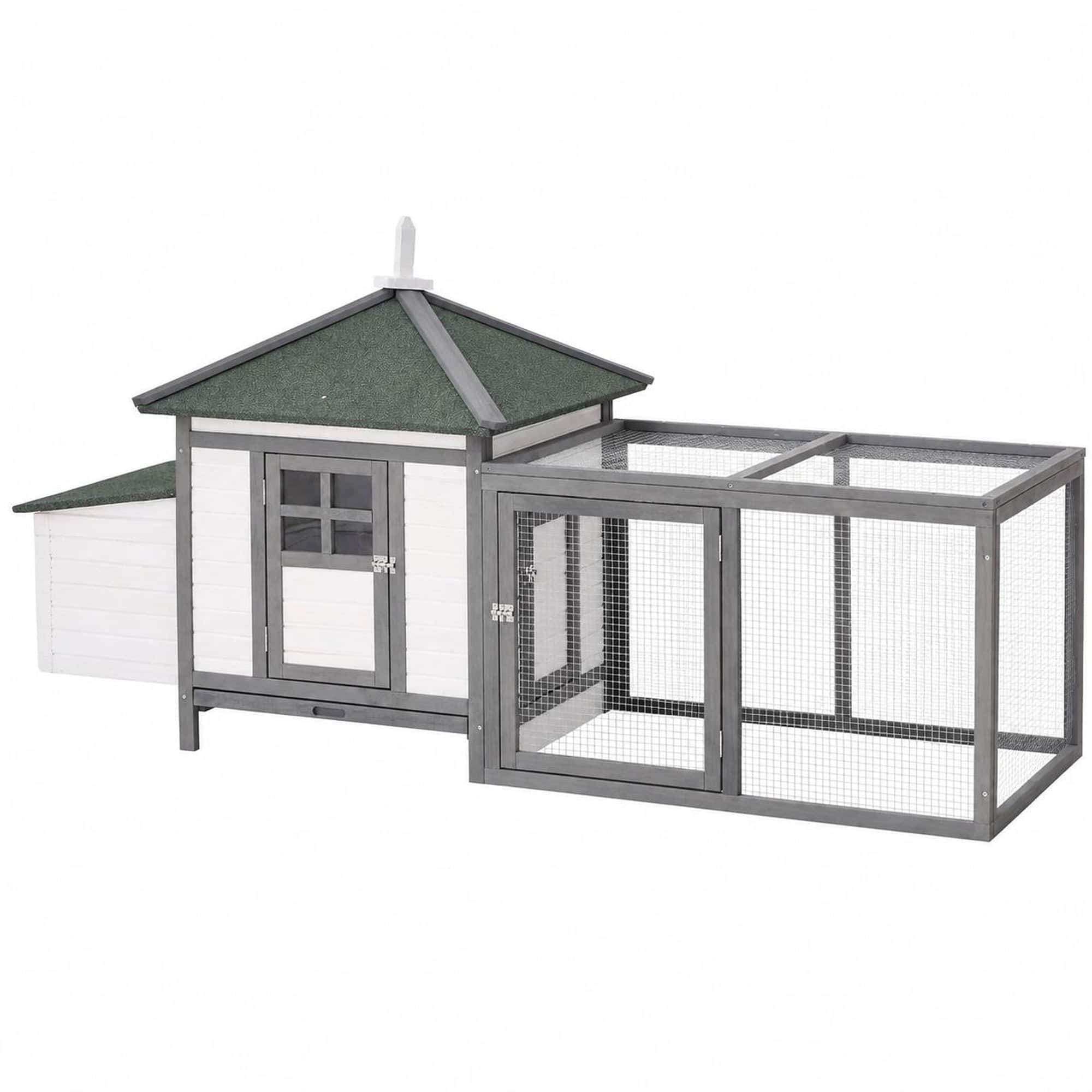 RYHNUYNE - 77 in Wooden Chicken Coop, Fir Wood Hen House, Nesting Box, Removable Tray, Ramp Run, Gray