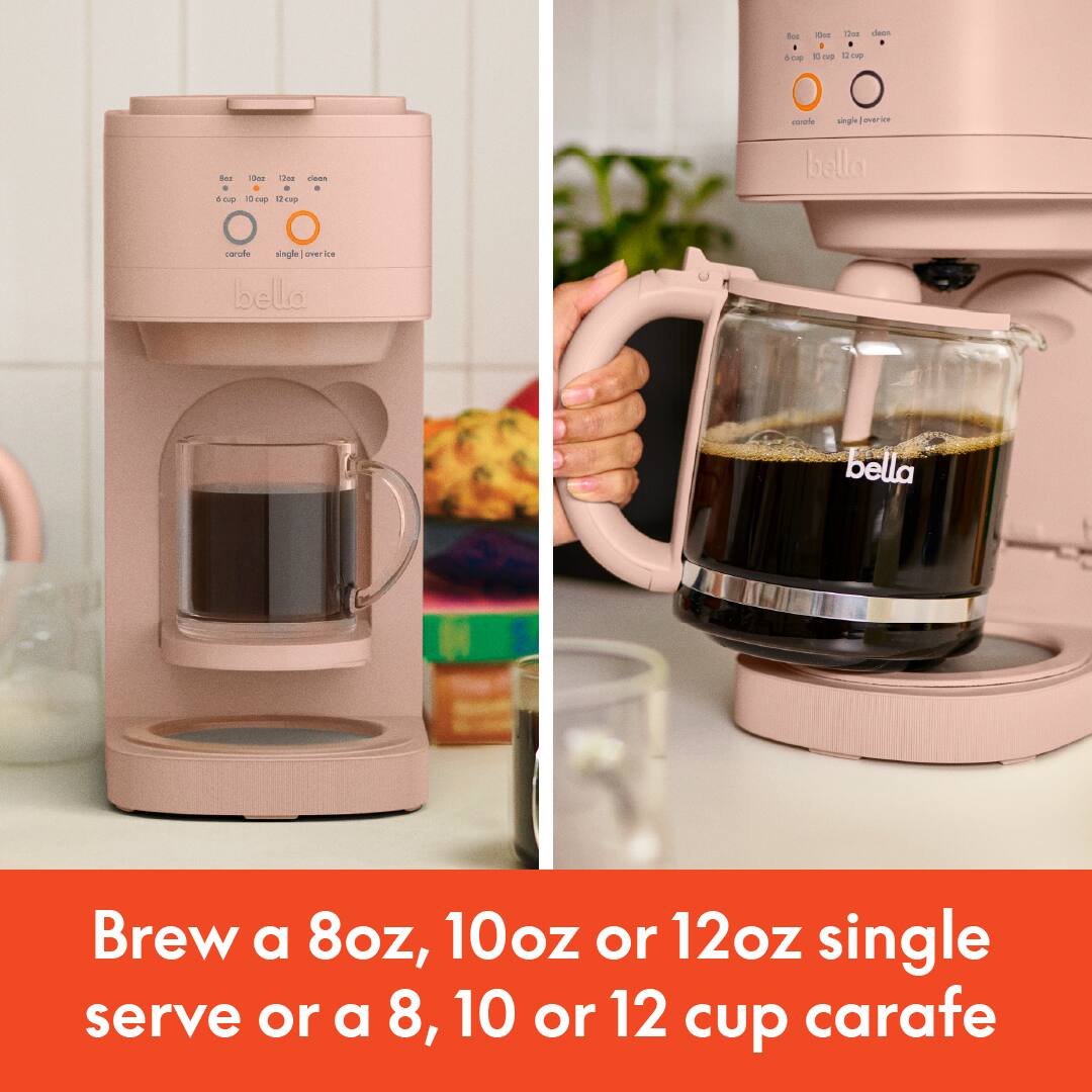 Brew a 8oz, 10oz or 12oz single serve or a 8, 10 or 12 cup carafe