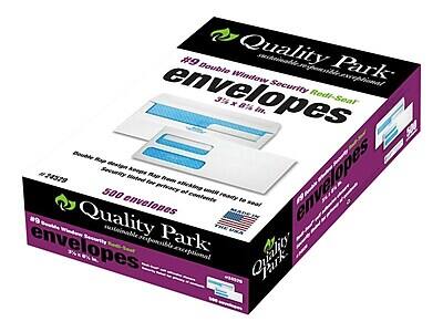 #9 Double Window Security Redi-Seal Envelopes  
3½ x 8½ in.  
500 envelopes  
Quality Park  
Justifiable. Exceptional.  
Security tinted flap for privacy of contents  
Double Rip design keeps flap from sticking  
Ready to seal  
Made in the USA