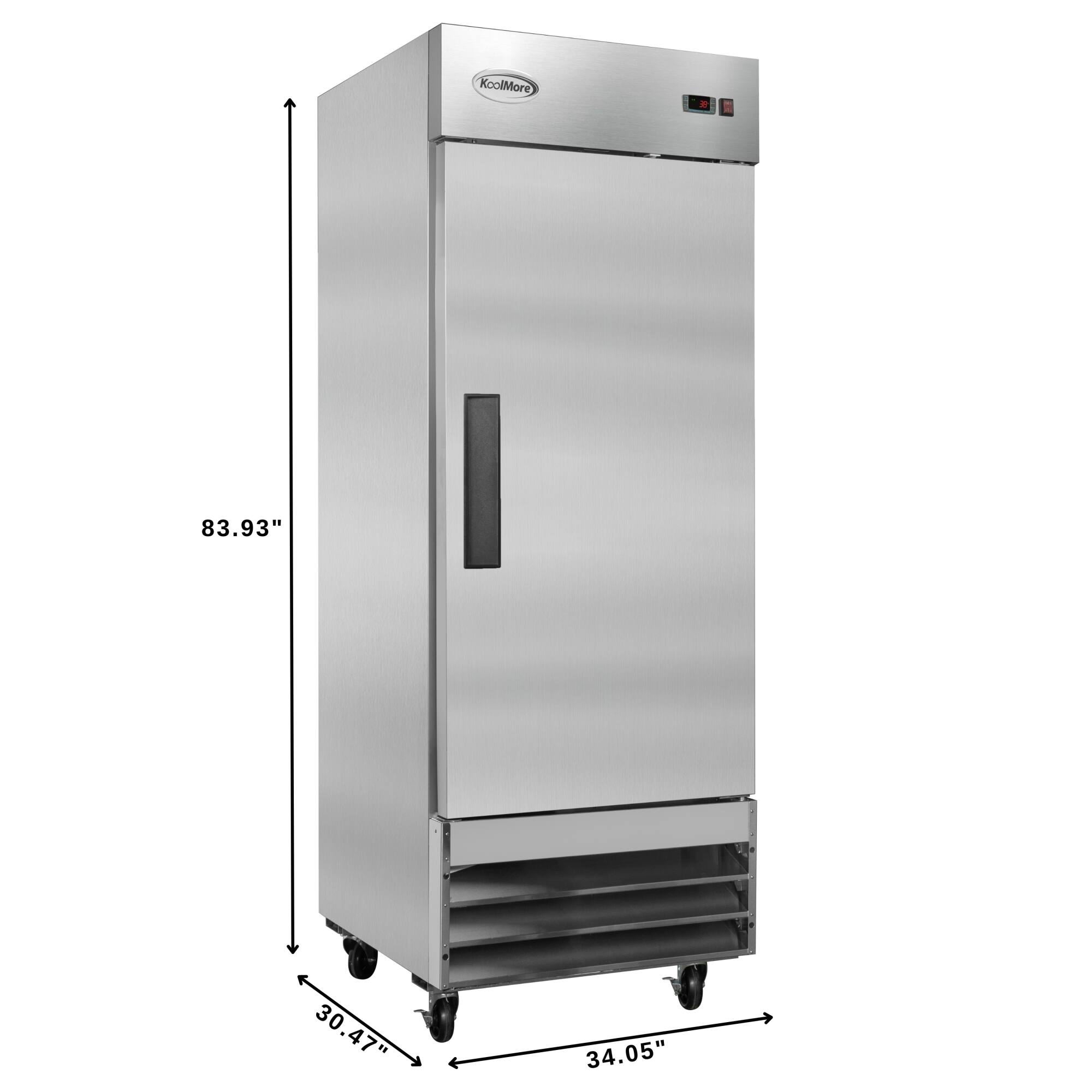 The image shows a stainless steel refrigerator with a freezer compartment. The refrigerator is 83.93 inches tall and 30.47 inches wide. The freezer compartment is 30.34 inches wide. The refrigerator is on wheels, making it easy to move around.