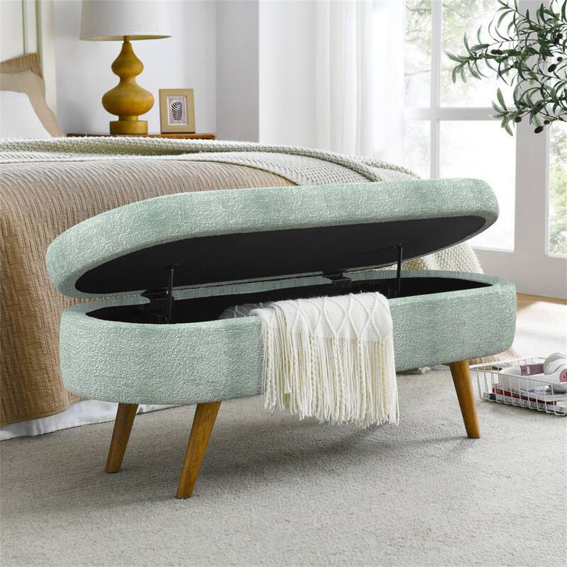 Alt View 6. HTUTWOO - 43.5" Ottoman Storage Bench - Oval Upholstered Linen Fabric Footrest Bench with Wood Legs, End of Bed for Living Room - Cyan.