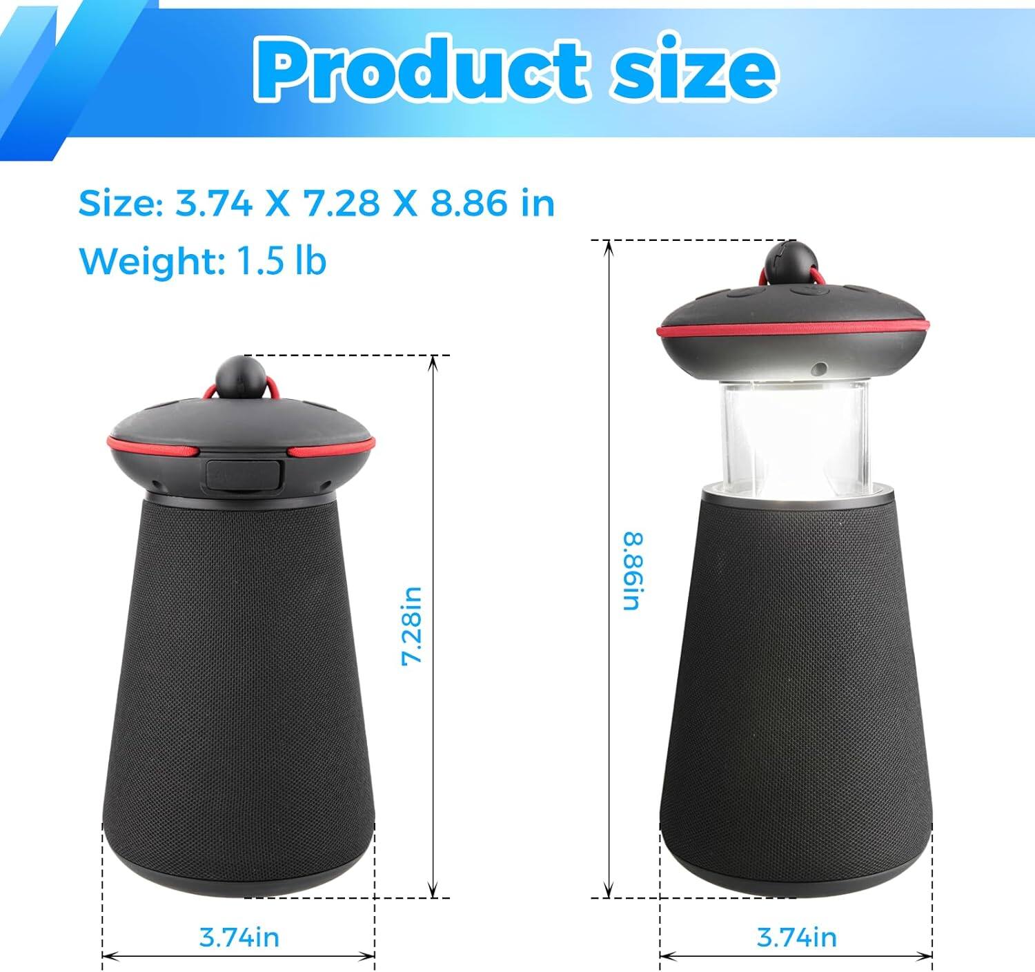 Product size

Size: 3.74 X 7.28 X 8.86 in  
Weight: 1.5 lb  

7.28in  
8.86in  
3.74in  
3.74in