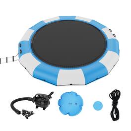 VEVOR - Inflatable Water Bouncer, 15ft Recreational Water Trampoline, Portable Bounce Swim Platform with 3-Step Ladder - Blue, white