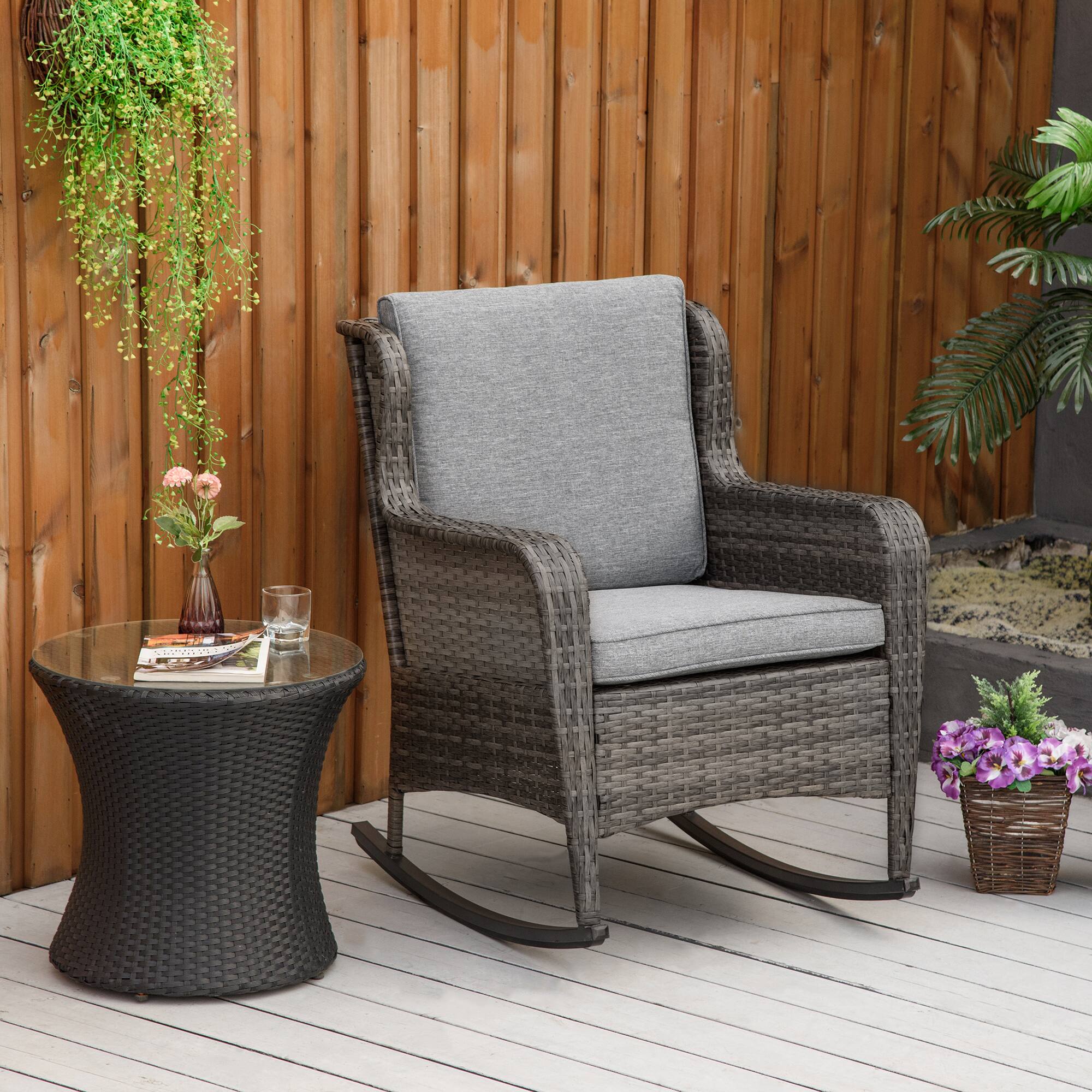 Alt View 1. Outsunny - Outdoor Wicker Rocking Chair with Wide Seat, Thick Cushions, Rattan Rocker with Steel Frame, High Weight Capacity - Gray.