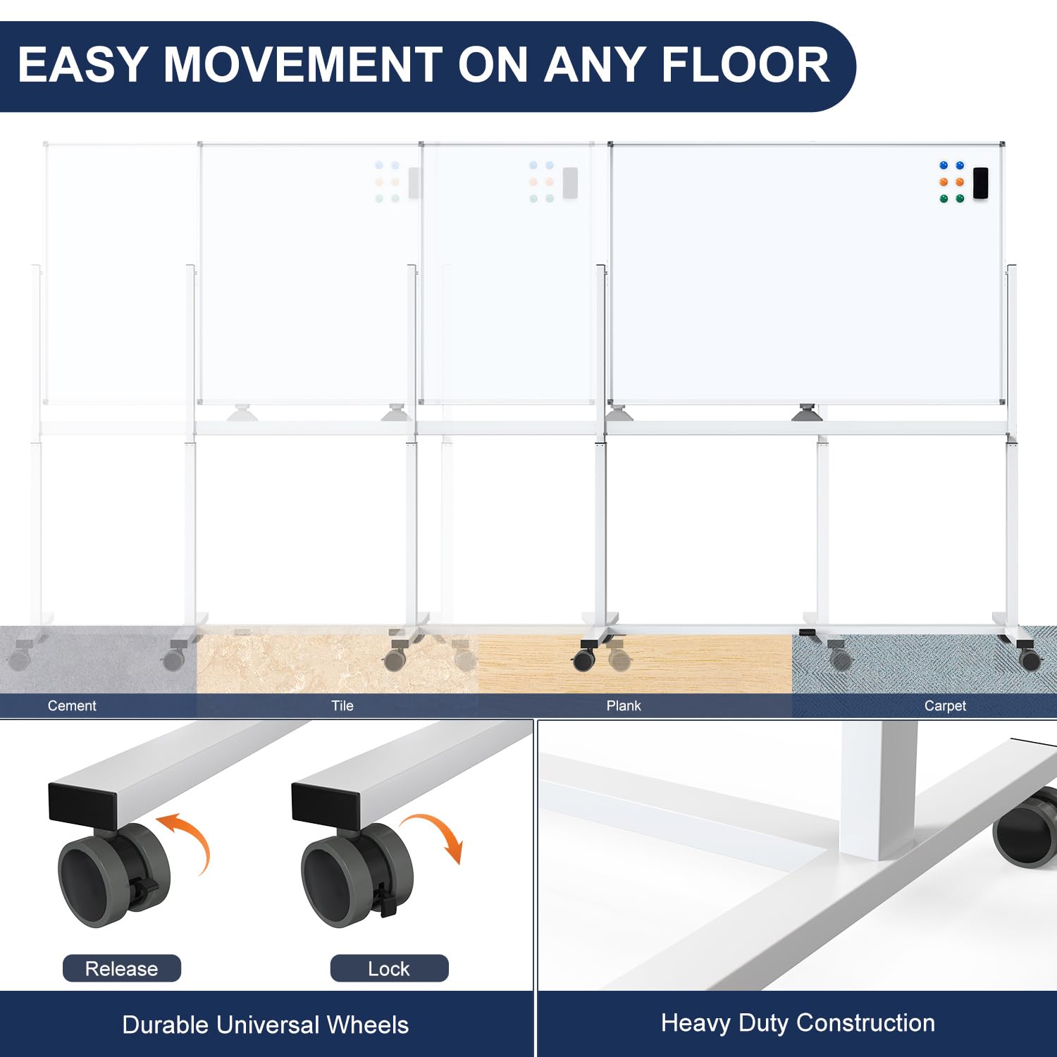EASY MOVEMENT ON ANY FLOOR

Cement Tile Plank Carpet

Release Lock

Durable Universal Wheels

Heavy Duty Construction