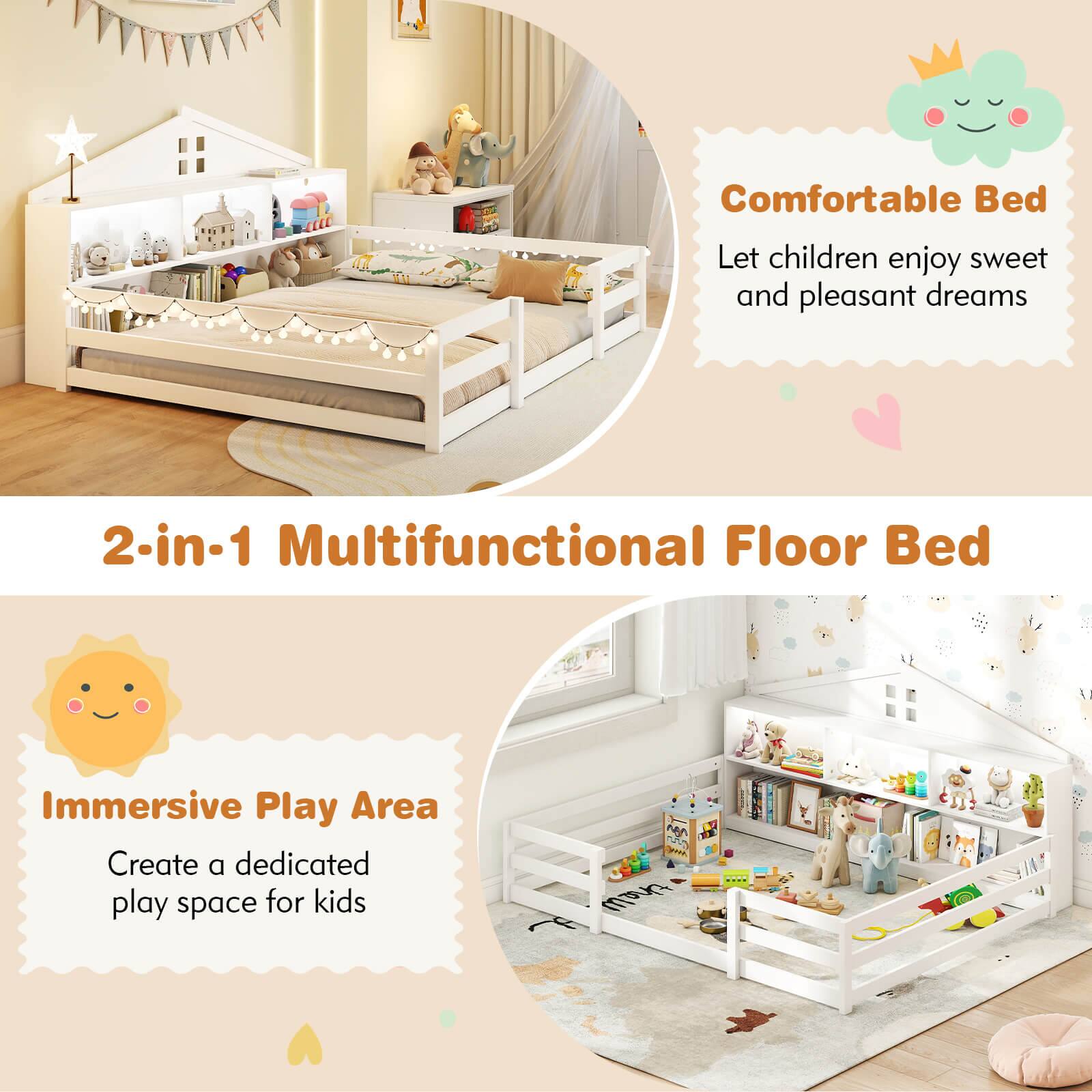 Comfortable Bed  
Let children enjoy sweet and pleasant dreams  

2-in-1 Multifunctional Floor Bed  

Immersive Play Area  
Create a dedicated play space for kids