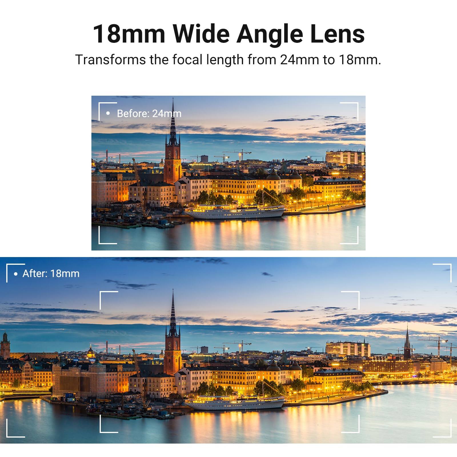 18mm Wide Angle Lens  
Transforms the focal length from 24mm to 18mm.  

Before: 24mm  
After: 18mm