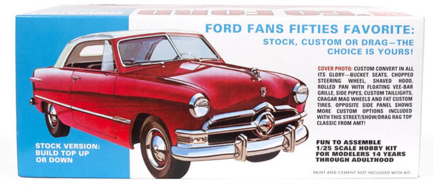 FORD FANS FIFTIES FAVORITE: STOCK, CUSTOM OR DRAG—THE CHOICE IS YOURS!

COVER PHOTO: CUSTOM CONVERT IN ALL ITS GLORY—BUCKET SEATS, CHOPPED STEERING WHEEL, SHAVED HOOD, ROLLED PAN WITH FLOATING VEE-BAR GRILLE, SIDE PIPES, CUSTOM TAILLIGHTS, CRAGAR MAG WHEELS AND FAT CUSTOM TIRES. OPPOSITE SIDE PANEL SHOWS MORE CUSTOM OPTIONS INCLUDED WITH THIS STREET/SHOW/DRAG RAG TOP CLASSIC FROM AMT!

STOCK VERSION: BUILD TOP UP OR DOWN

FUN TO ASSEMBLE 1/25 SCALE HOBBY KIT FOR MODELERS 14 YEARS THROUGH ADULTHOOD

PAINT AND CEMENT NOT INCLUDED WITH KIT