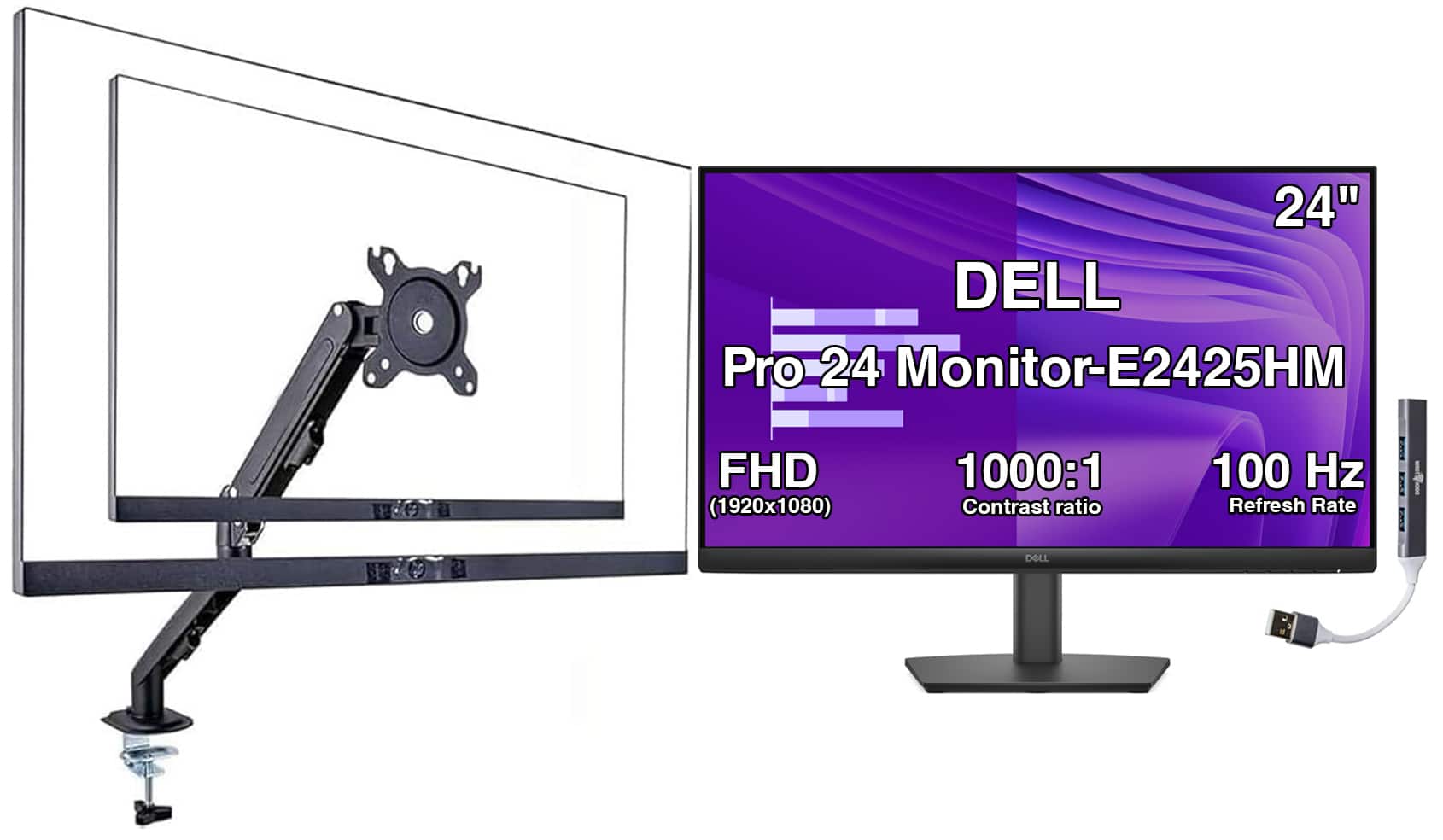Dell - Pro 24 24" IPS Monitor, 5ms Response Time, Anti-Glare, VGA, HDMI (E2425HM) w/DKZ Hub & Single Mount Arm - Black