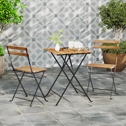 Front. Mondawe - 3 Piece Patio Acacia Wood Bistro Set with Folding Chairs and Slatted Tabletop - Light/Pastel Brown.