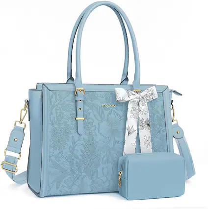 Front. mosiso - Laptop Bag for Women 15-15.6 inch PU Leather Tote Bag Work Briefcase Computer Bags - Air Blue.