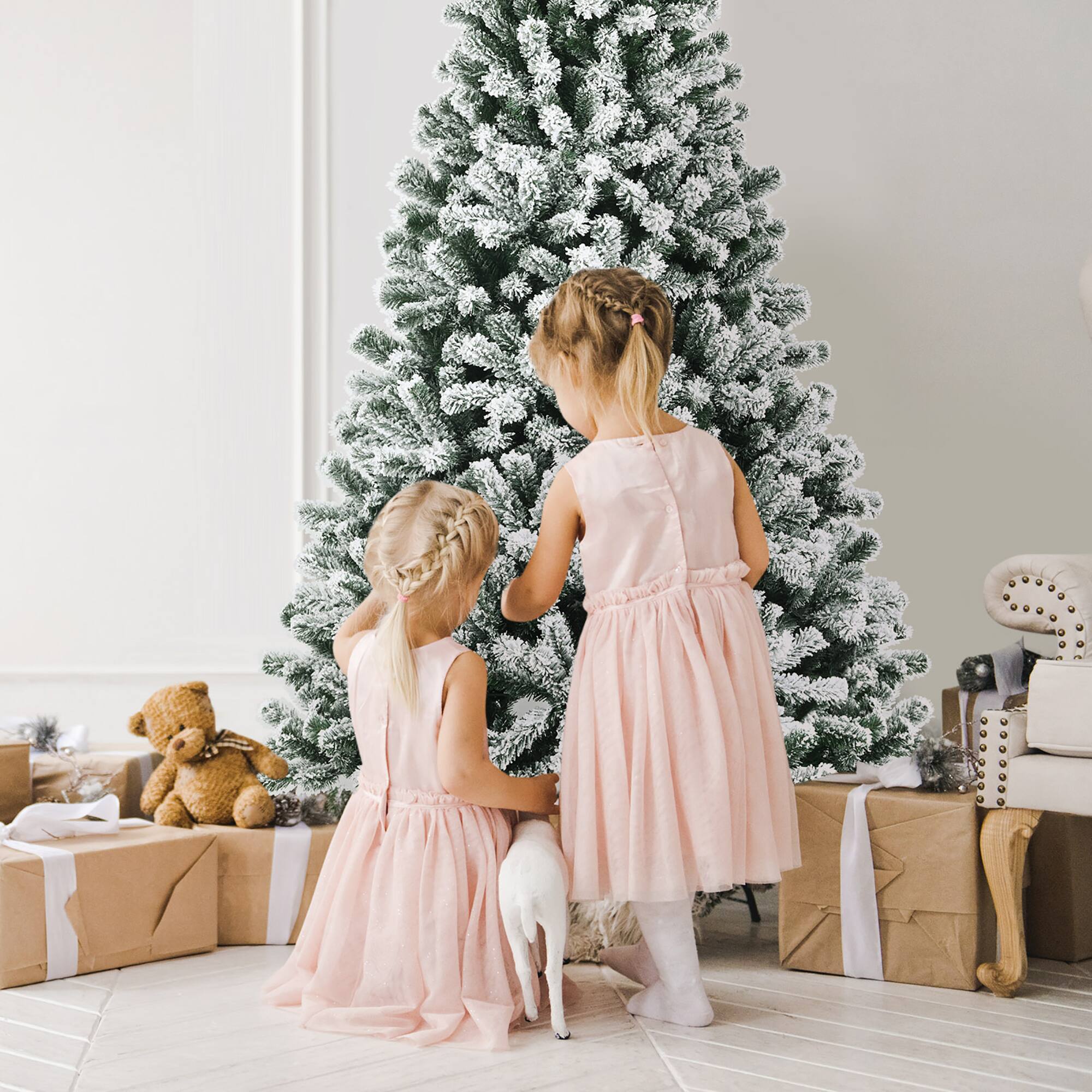 Alt View 20. Costway - 7ft Pre-lit Snow Flocked Hinged Christmas Tree w/1116 Tips & Metal Stand - Green/White.