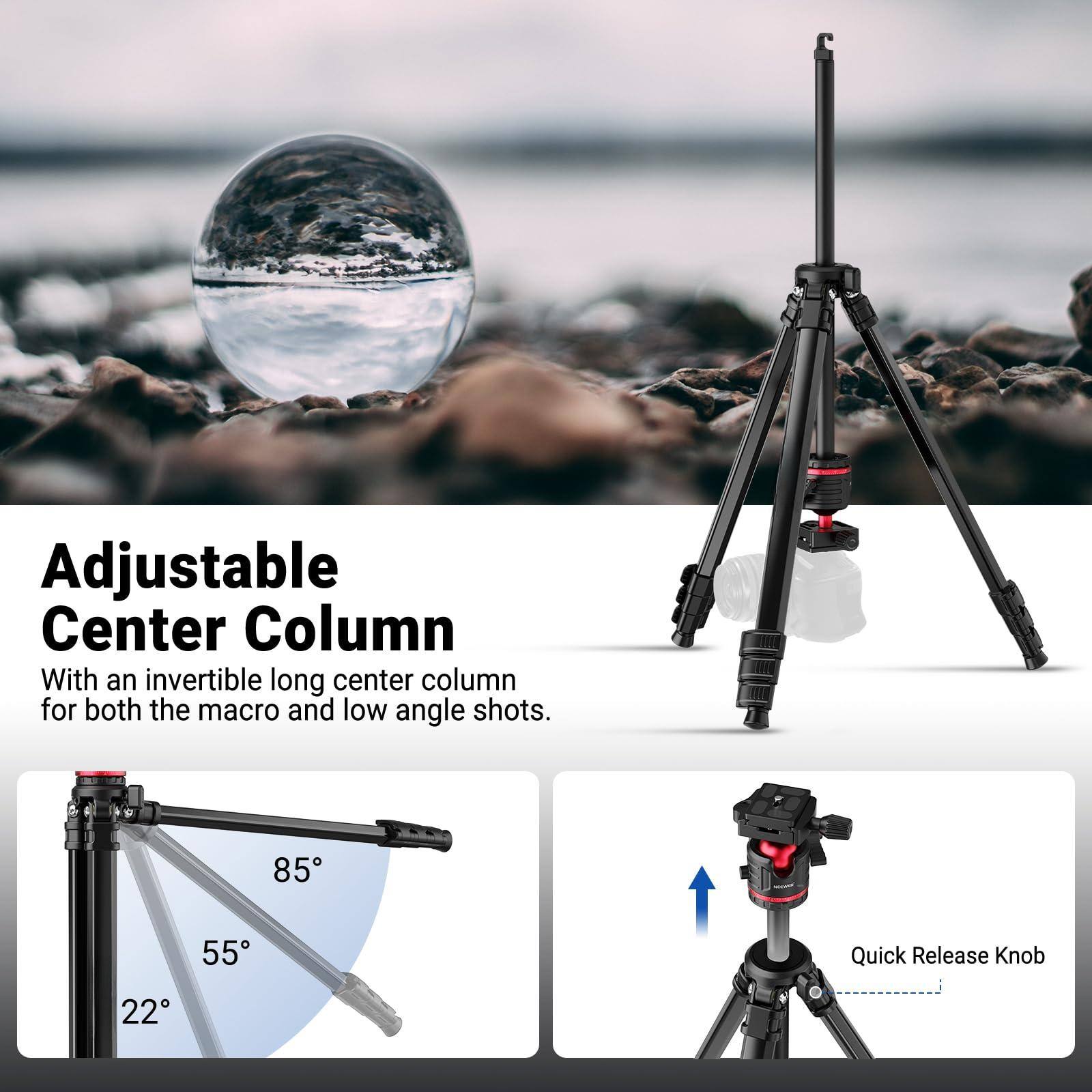 Adjustable Center Column  
With an invertible long center column for both the macro and low angle shots.  

85°  
55°  
22°  

Quick Release Knob