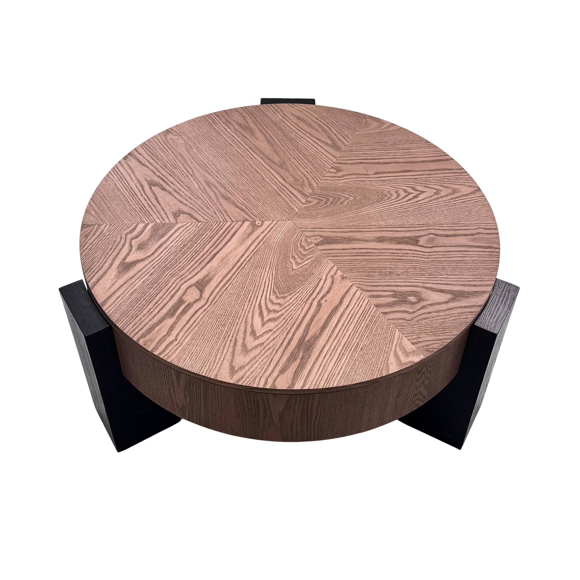Alt View 7. Loheer - Loheer 33 Inch Round Coffee Table with Hidden Storage Wabi Sabi Wood Parquet Center Accent Table Walnut and Black - Walnut+black.