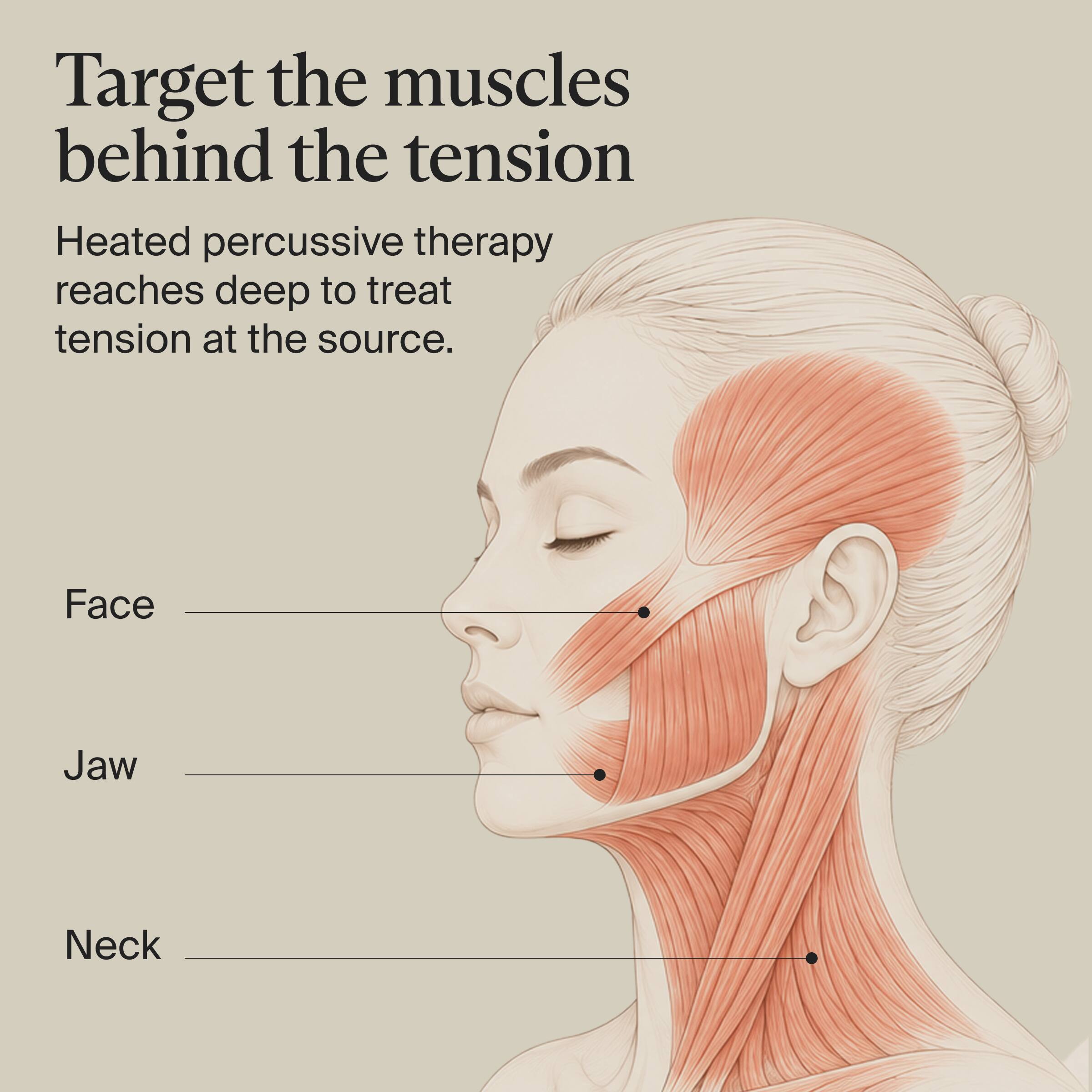 Target the muscles behind the tension

Heated percussive therapy reaches deep to treat tension at the source.

Face  
Jaw  
Neck
