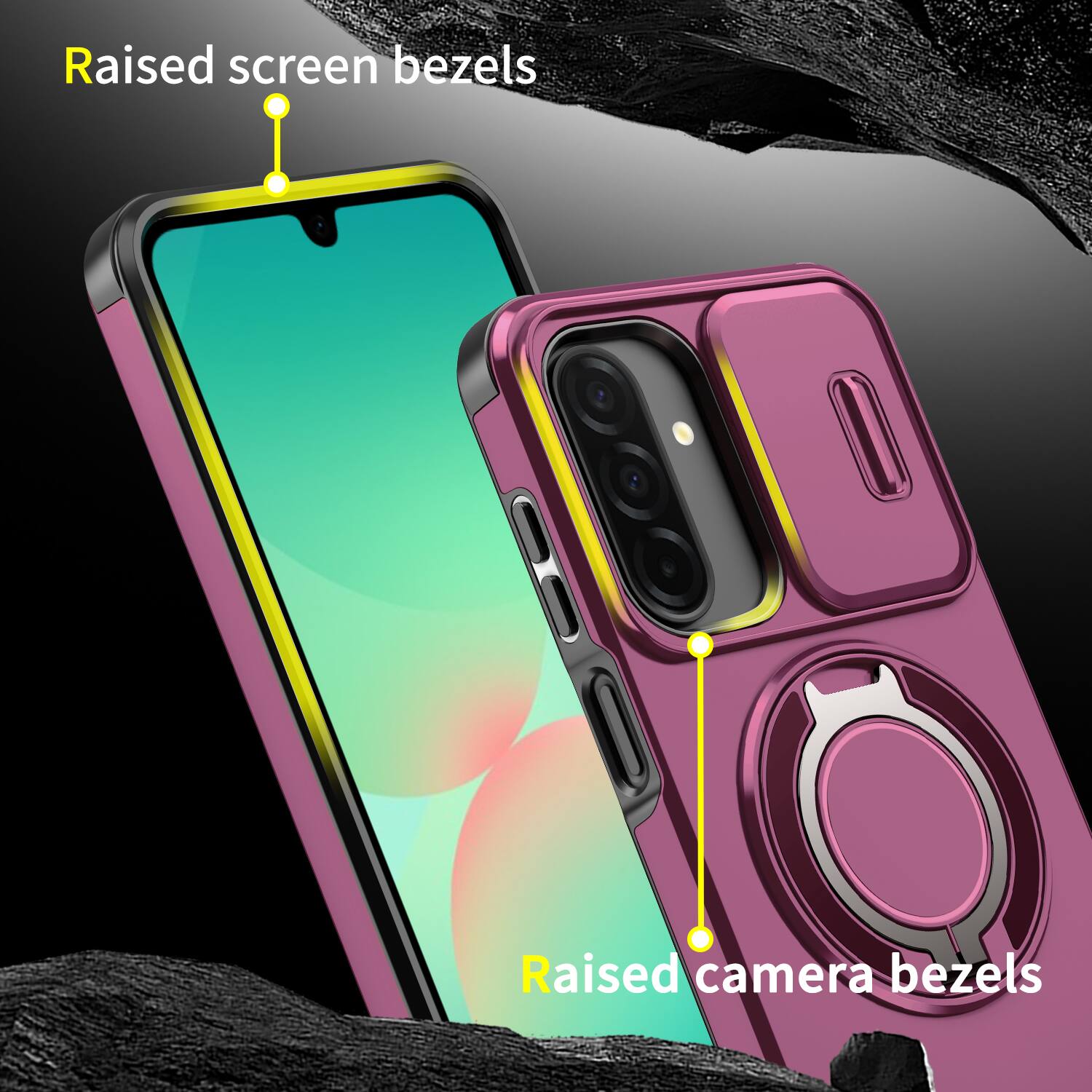 Raised screen bezels  
Raised camera bezels