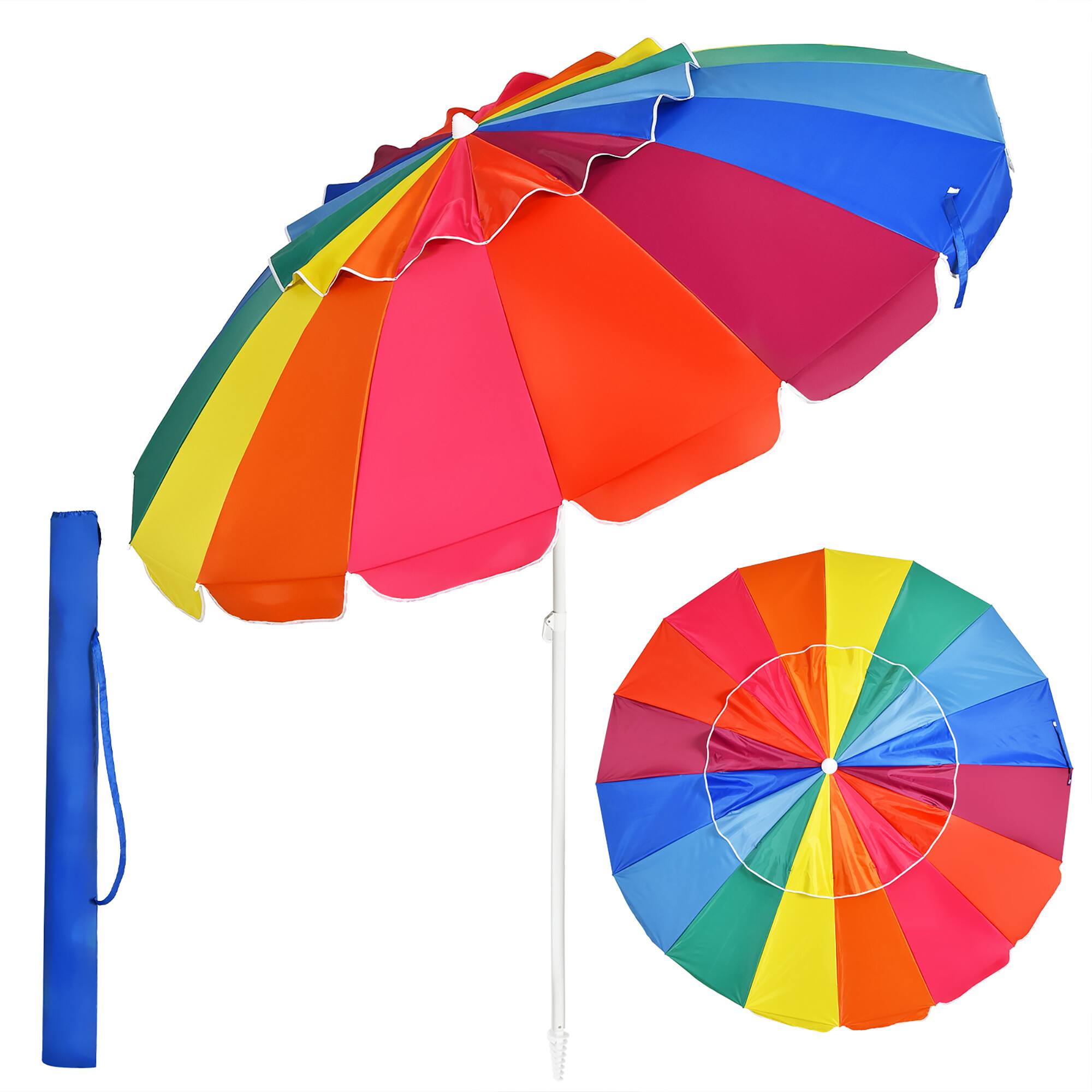 Front. Costway - Costway 8 FT Beach Umbrella Outdoor Tilt Sunshade Sand Anchor W/Carry Bag Rainbow - Rainbow.
