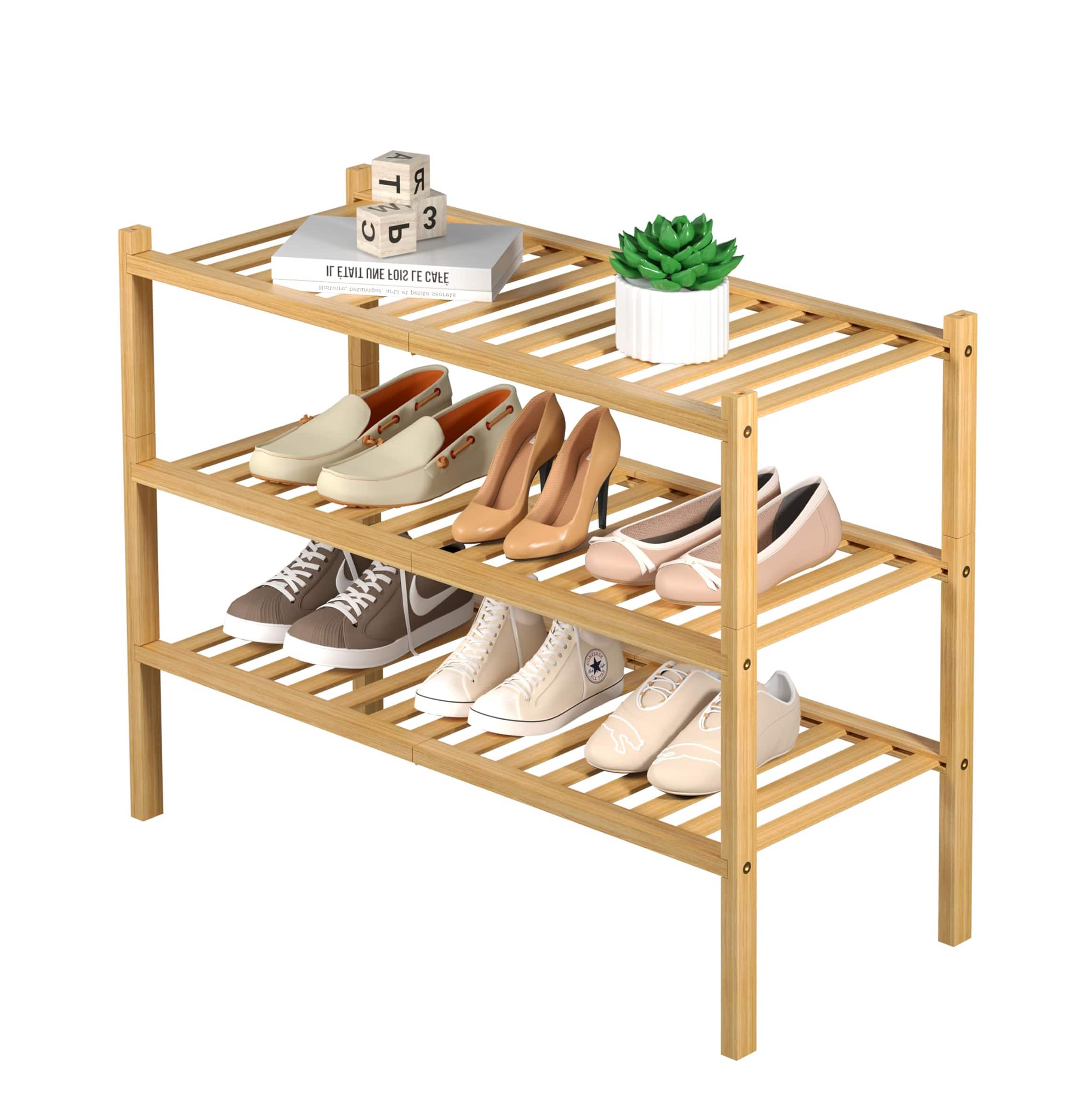 Dazzed Corner - 3 Tier Bamboo Shoe Rack for Closet Free Standing Wood Shoe Shelf Storage Organizer Stackable - Natural