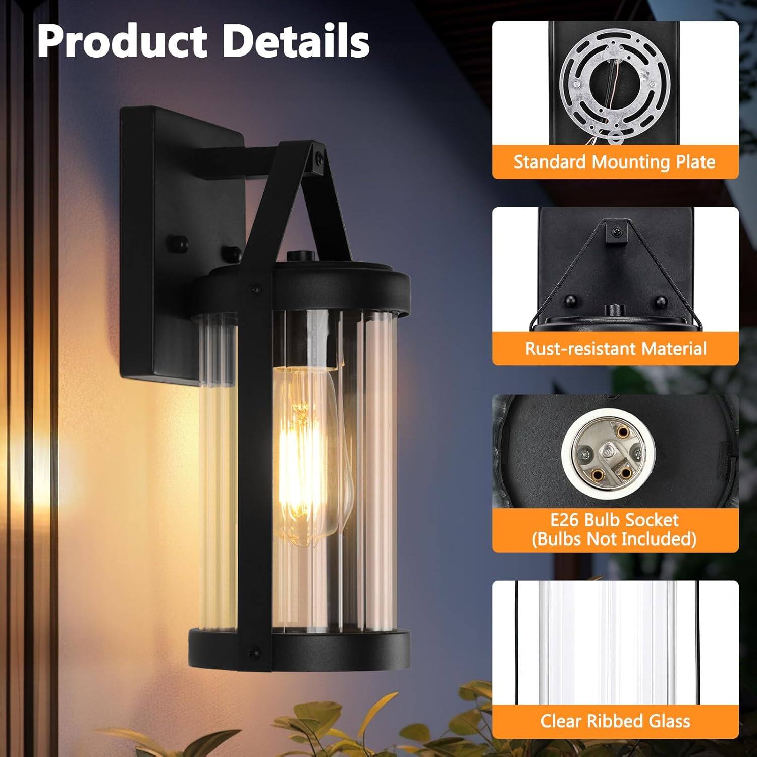 Product Details  
- Standard Mounting Plate  
- Rust-resistant Material  
- E26 Bulb Socket (Bulbs Not Included)  
- Clear Ribbed Glass