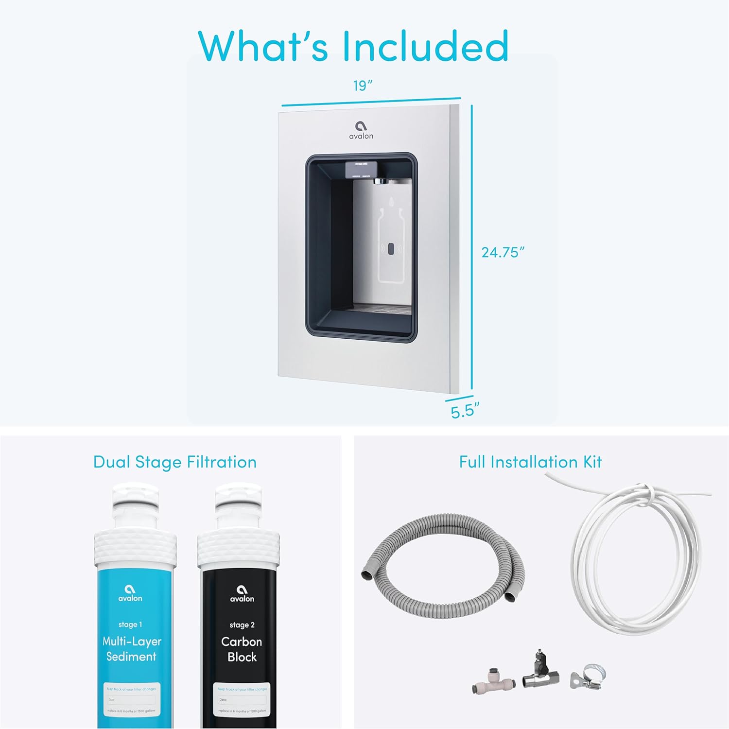 What's Included

- 19" x 24.75" x 5.5" 
- Dual Stage Filtration
  - Stage 1: Multi-Layer Sediment
  - Stage 2: Carbon Block
- Full Installation Kit