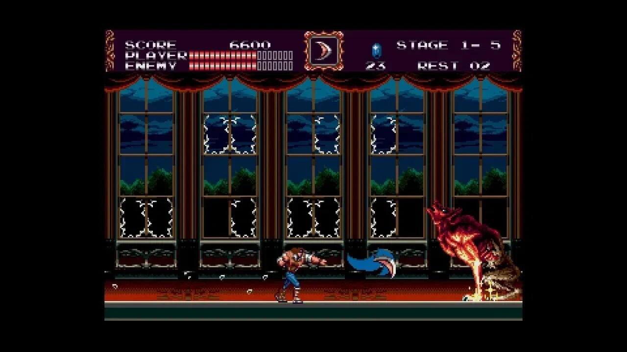 SCORE PLAYER ENEMY 6600 0000000 0000000 STAGE 1-5 23 REST 02