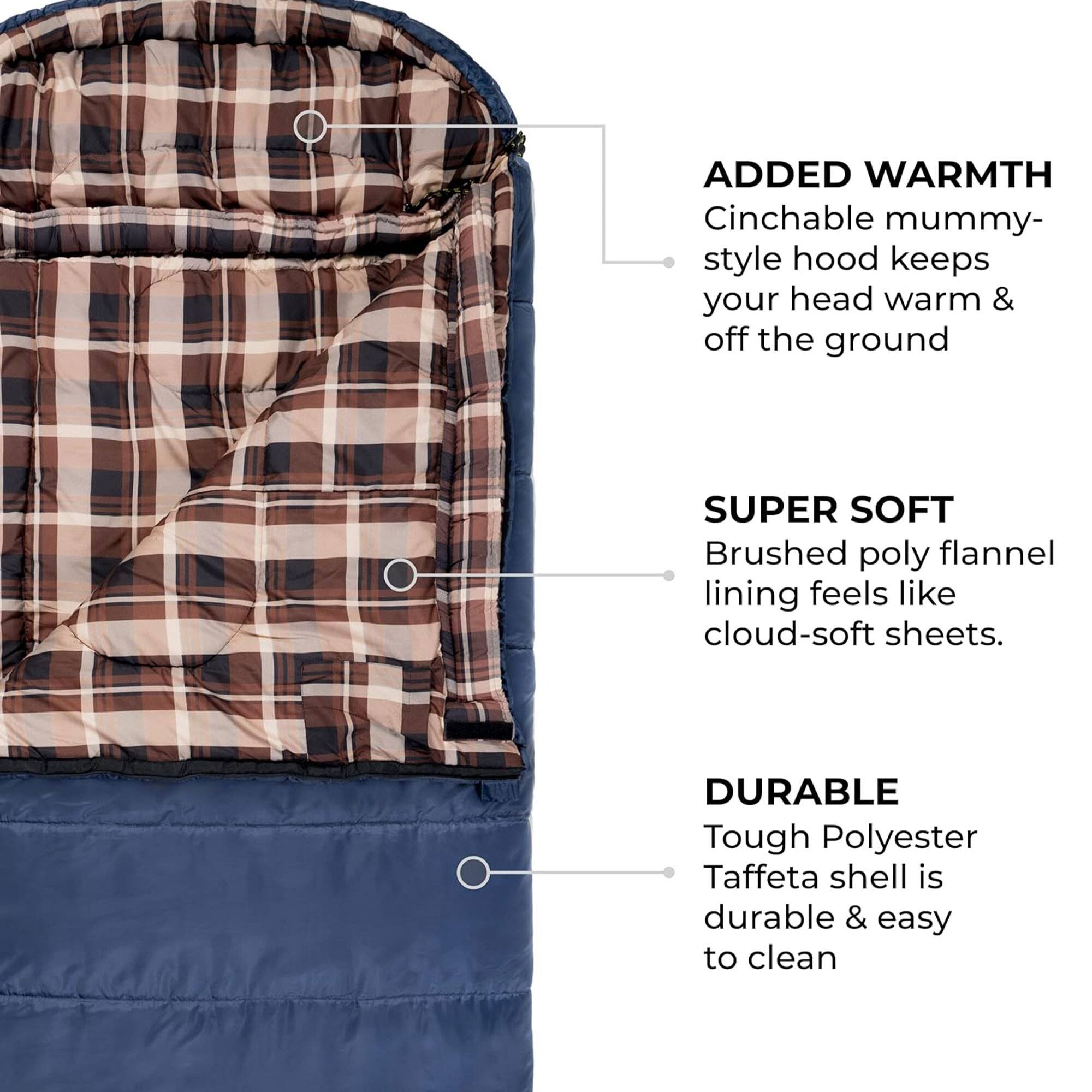 **ADDED WARMTH**  
Cinchable mummy-style hood keeps your head warm & off the ground

**SUPER SOFT**  
Brushed poly flannel lining feels like cloud-soft sheets.

**DURABLE**  
Tough Polyester Taffeta shell is durable & easy to clean