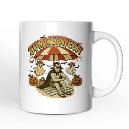 OrnamentallyYou - Summerween Vampire Dracula Mug, Retro Halloween Beach Gift - White