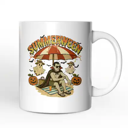 Front. OrnamentallyYou - Summerween Vampire Dracula Mug, Retro Halloween Beach Gift - White.