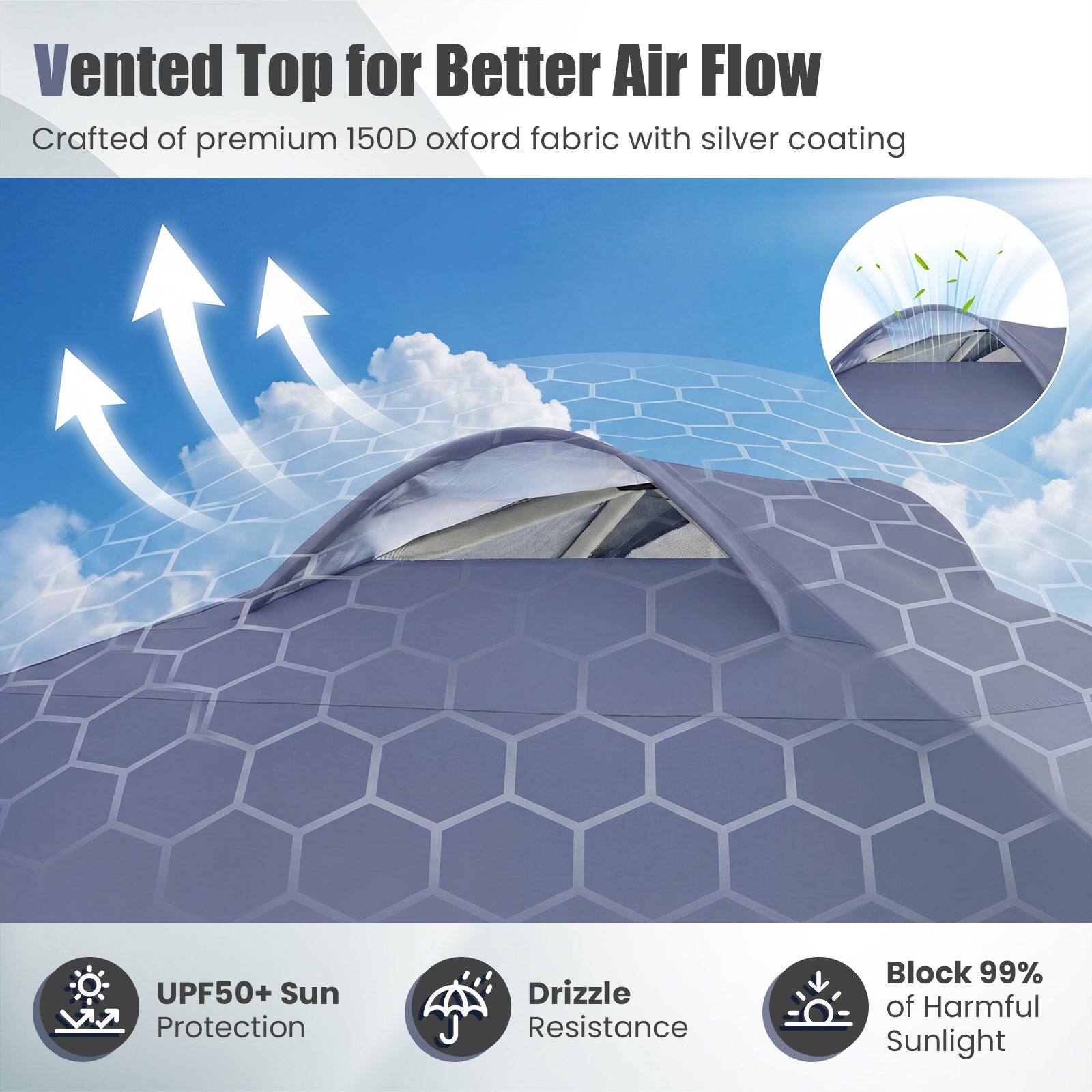 Vented Top for Better Air Flow  
Crafted of premium 150D oxford fabric with silver coating  
UPF50+ Sun Protection  
Drizzle Resistance  
Block 99% of Harmful Sunlight