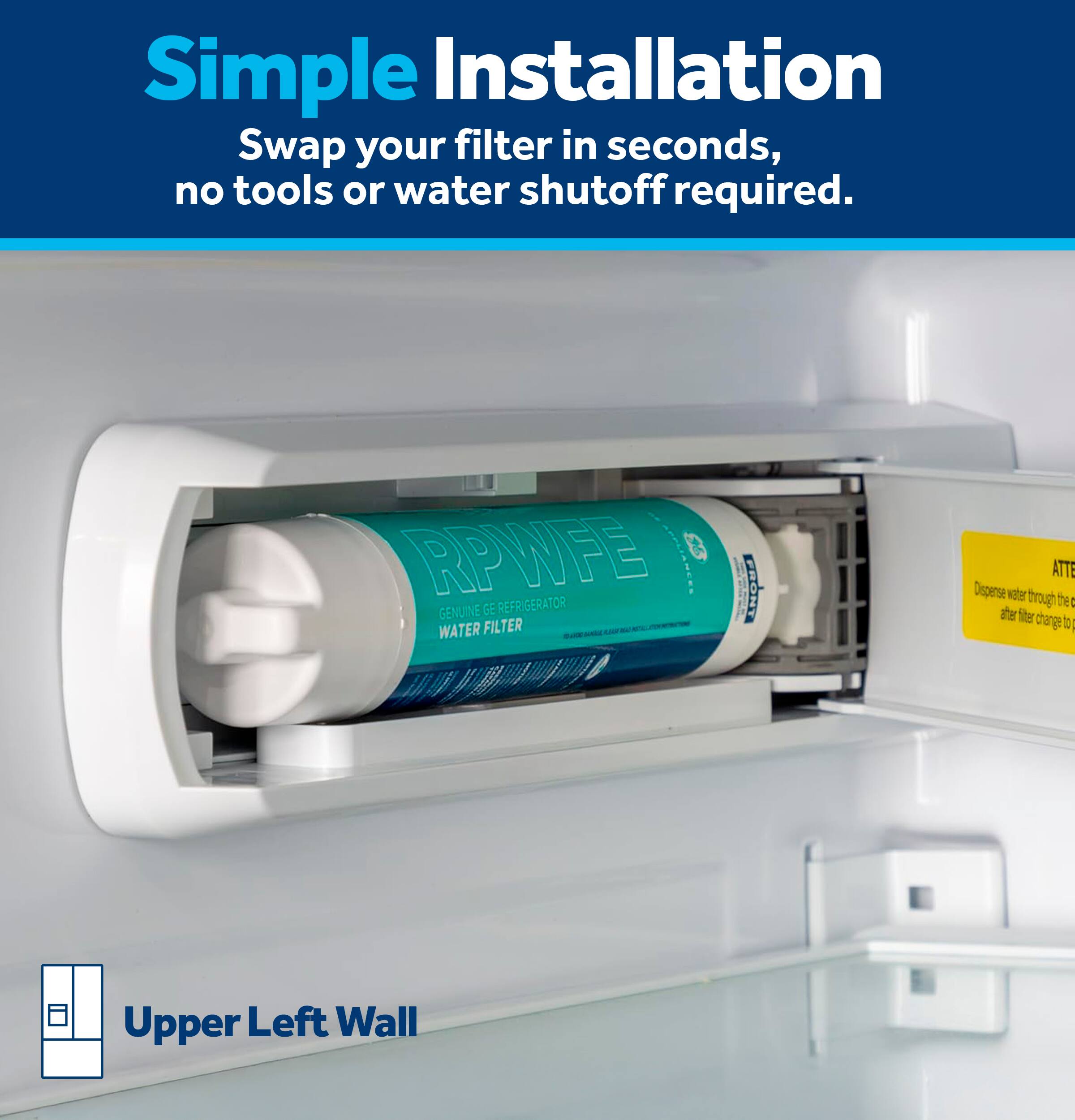 Simple Installation  
Swap your filter in seconds, no tools or water shutoff required.  

RPWFE GENUINE GE REFRIGERATOR WATER FILTER FRONT ATT  
Dispense water through the filter after filter change to purge the her.  

Upper Left Wall