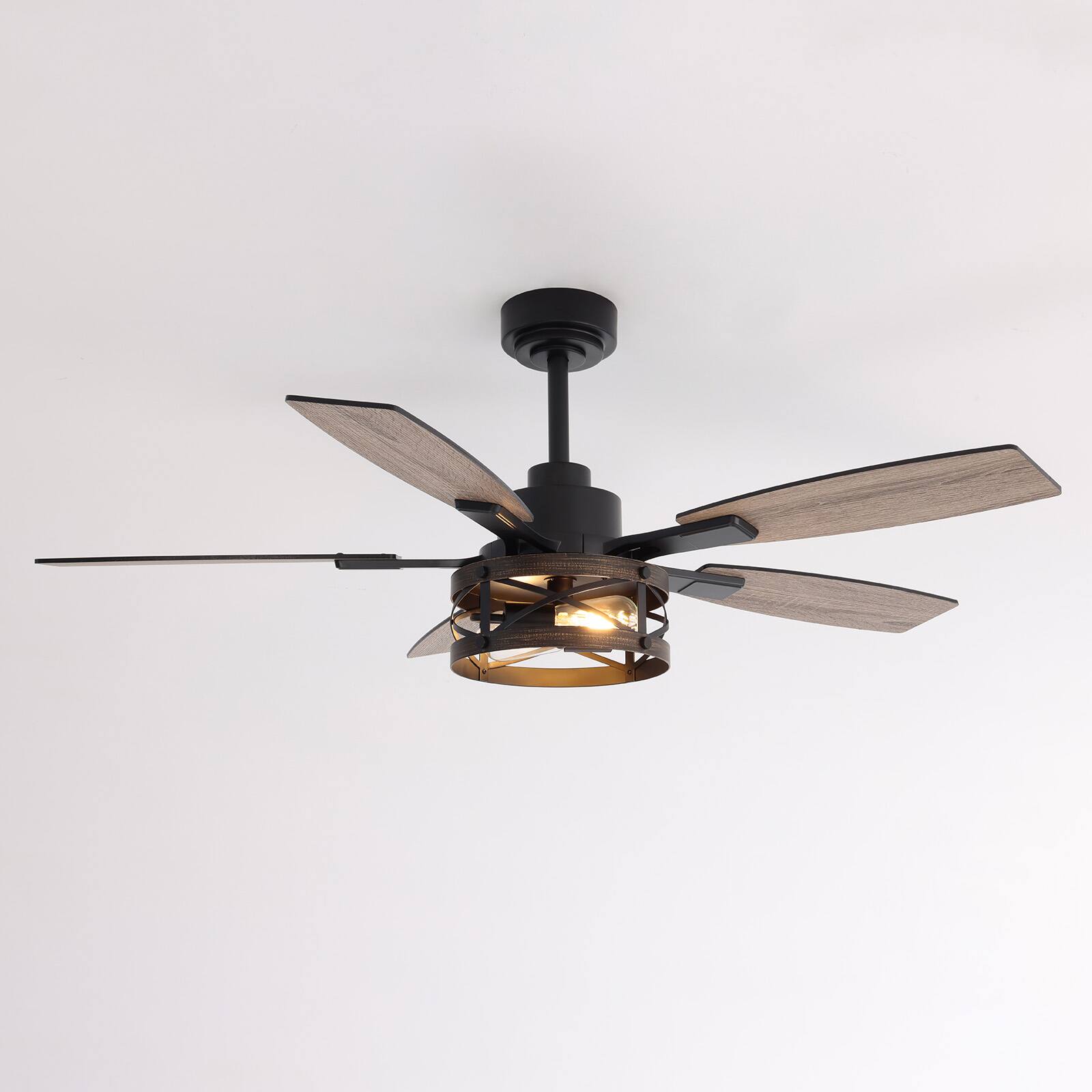 Alt View 9. Siljoy - 52-in Rustic Cage Ceiling Fan with Walnut or Black Color Blades Ceiling Fan With Light - Remote Included ( 5-Blade ) - Black and Gold Accents.