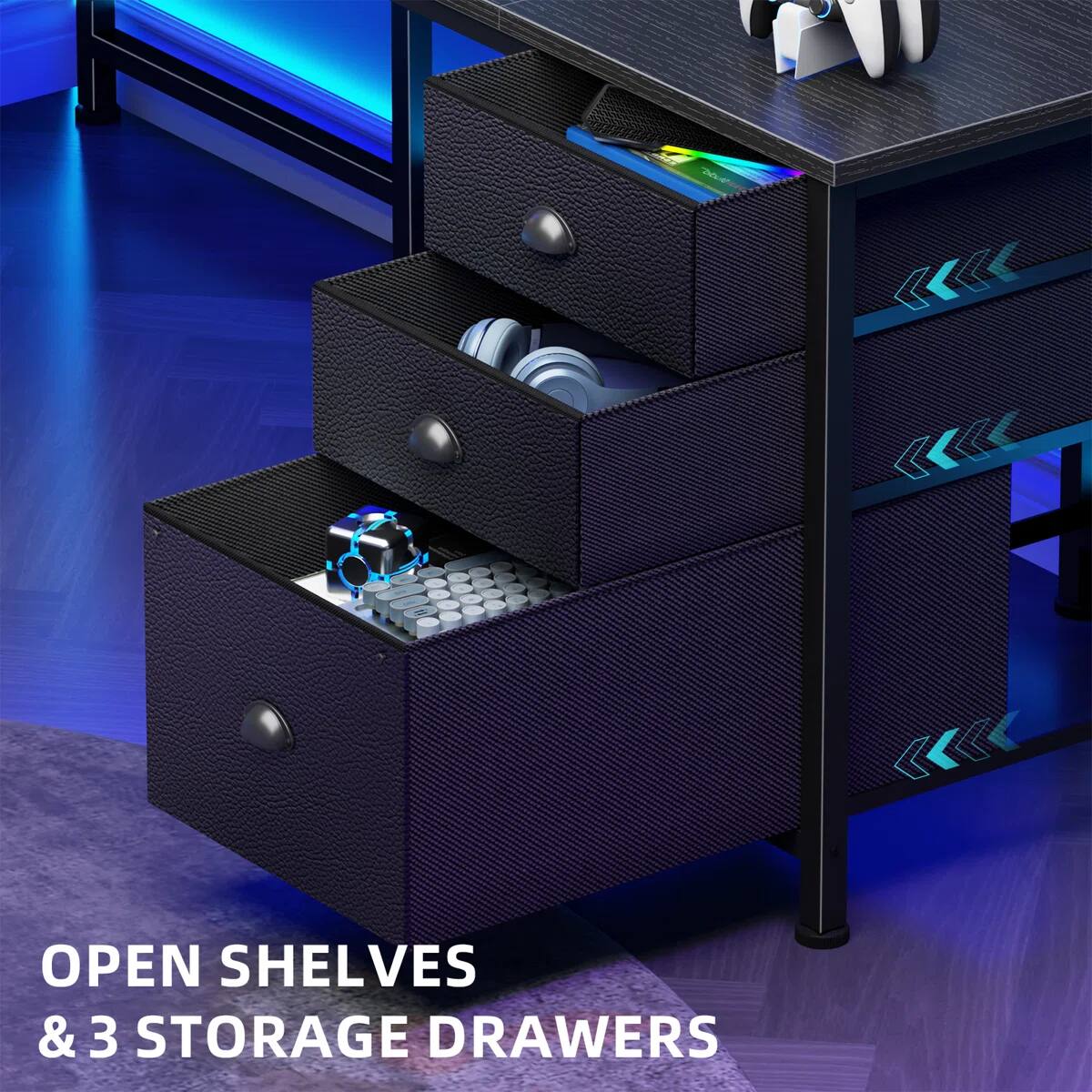 OPEN SHELVES & 3 STORAGE DRAWERS