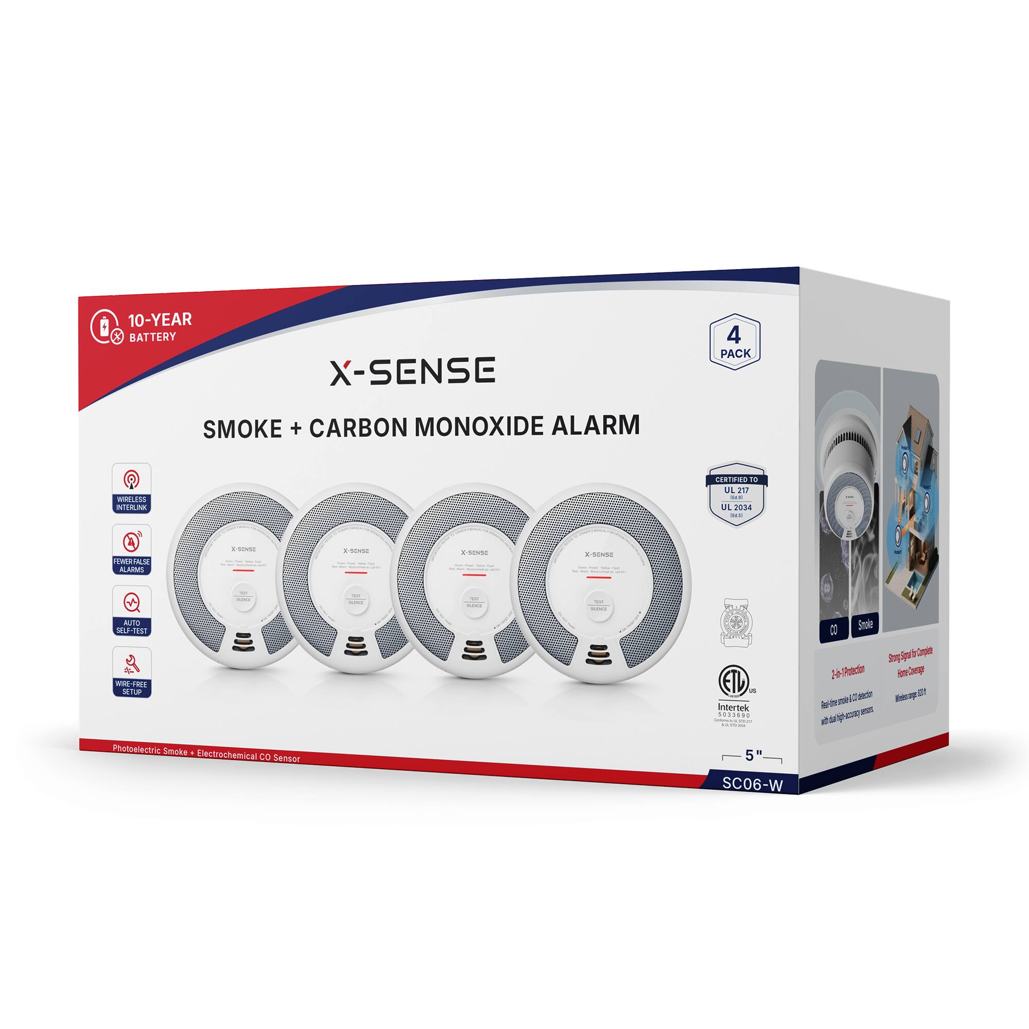 10-YEAR BATTERY X-SENSE SMOKE + CARBON MONOXIDE ALARM  
4 PACK  
WIRELESS INTERLINK  
CERTIFIED TO UL 217 as UL 2034 55  
FEWER FALSE ALARMS  
AUTO SELF-TEST  
WIRE-FREE SETUP  
Photoelectric Smoke + Electrochemical CO Sensor  
SC06-W