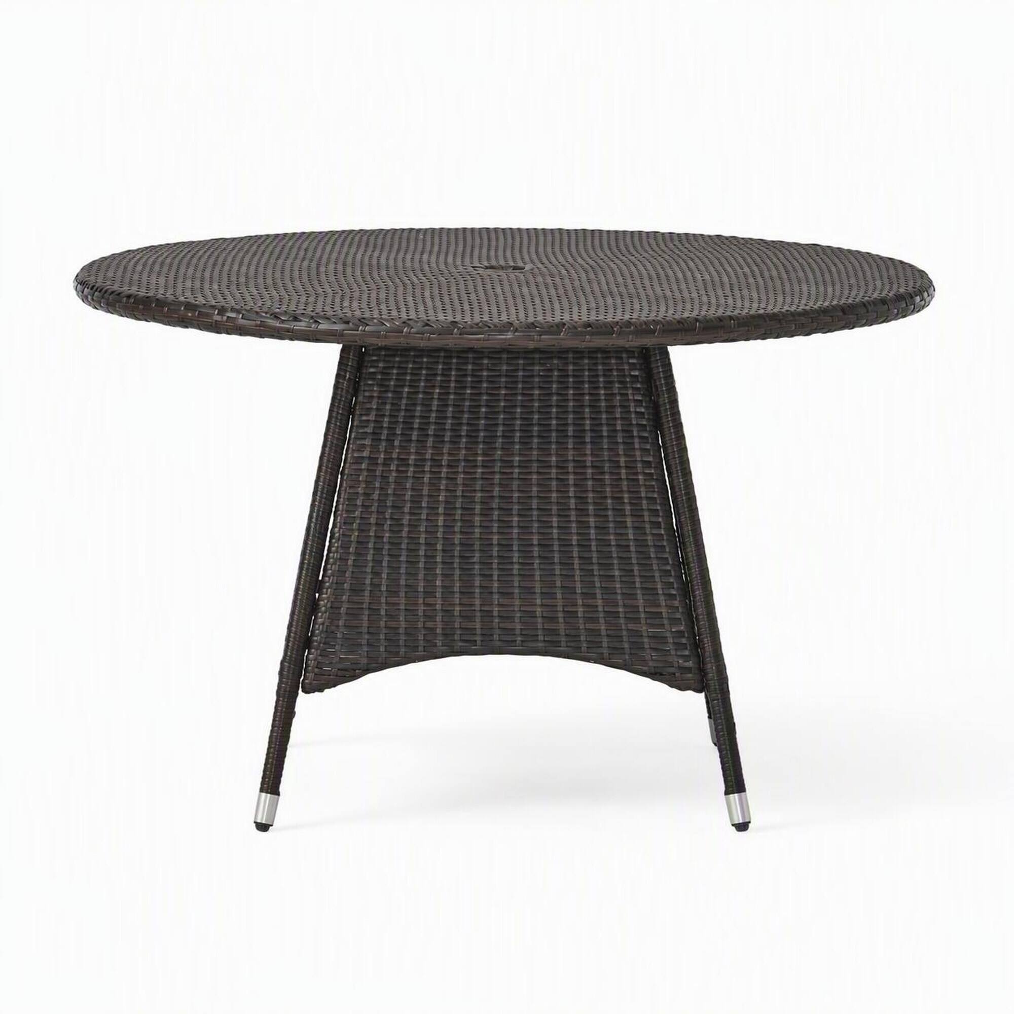 Front. RYHNUYNE - Dark Brown Wicker Round Patio Dining Table,Weather Resistant Rattan Outdoor Furniture for Garden Deck Porch - Brown.