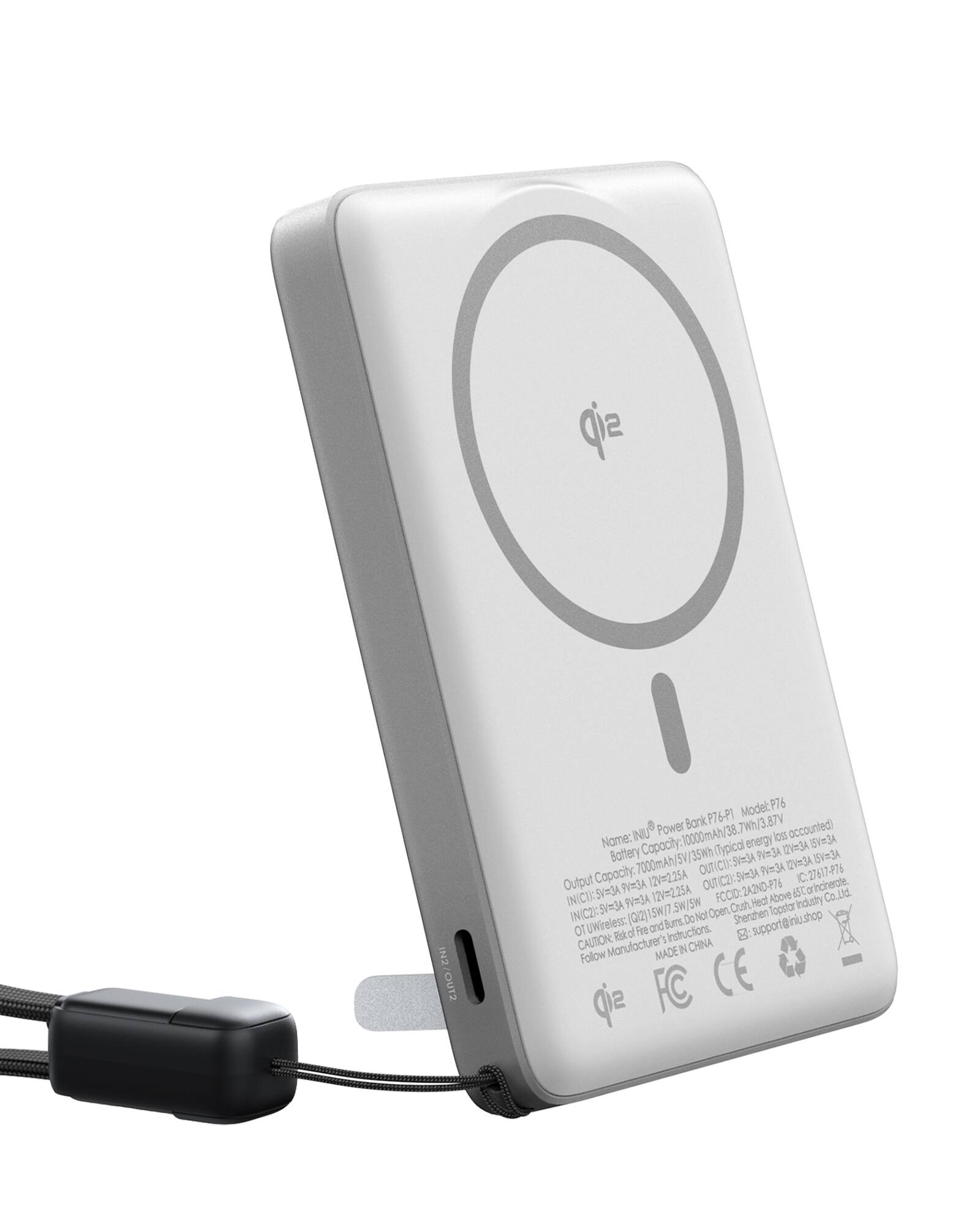 The image features a white electronic device, possibly an iPod, with a black cord plugged into it. The device is sitting on a white background, and there is a small sticker on the back of the device. The text on the image reads: "IN2 STUO Model: P76 Bank P76-PT VTB.ELWT B7V NU Power 0000mAh 38. iots accounted) Name: Capacity (Typical energy AEm Vm3A Battery V 35Wh SU3A PV3A 15Vm3A 7000mAh/5 OUTICU UTCU-5HSA m:3A Am Output Capacity. 12v=2.25A OUT(C2) SVmGA IC C:27617-P76 PVR3A 12V=2.25A FCCID:2A2ND-P76 65Corincinerate PT INICU:5V=3A SVm3A PVRA SWISW Oush Heat Above Industry Co INIC2): SM/7 Not Open, Sherchen Topstor UWireless: lool and Bums.Do support@iniushop TO Eskco Rie instructions do CAUTION Manufacturer IN CHINA Follow MADE FC CE Qie."